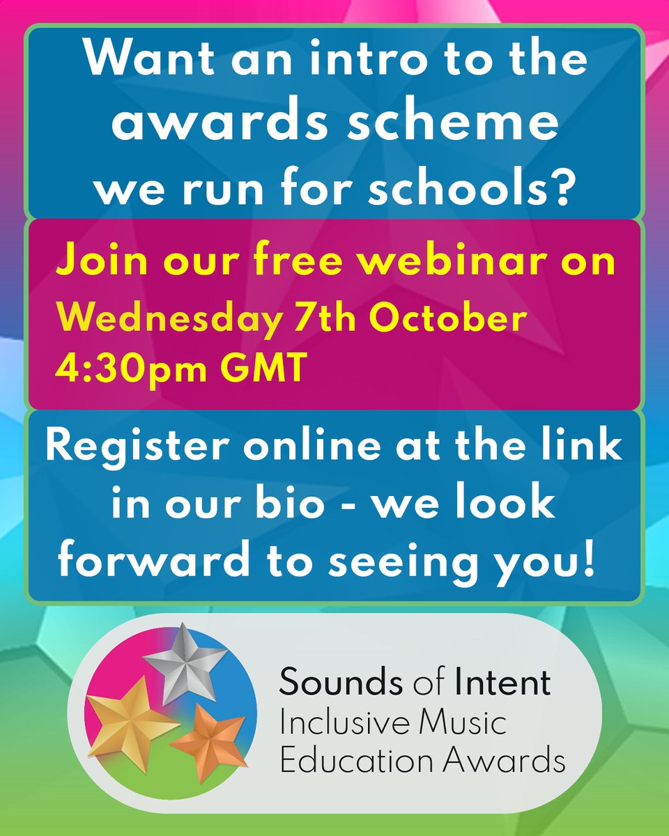 SoundsofIntent's tweet photo. Want an intro to the awards scheme we run for schools?
Add this webinar to your diary:

Wednesday 7th October 
4:30pm
Attendance free 

Register online here: https://t.co/oGaph7Mh8h https://t.co/rtZXNBG1H1