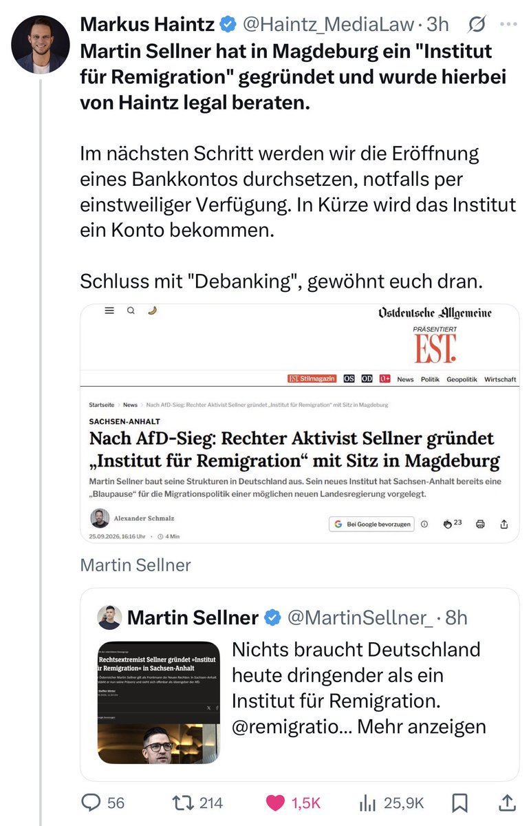 Haintz_MediaLaw's tweet photo. „Enttäuschung“, weil ich @MartinSellner_ (gerne) vertrete?

Meine berufliche Antwort: 
Nennt man Meinungsfreiheit. Ich vertrete jeden gegen staatliche Übergriffe. 

Ich hätte noch ein paar Grundrechte anzubieten: Art. 2, Art. 3, Art 5, Art. 9, Art. 12, Art. 14

Privatmeinung: Westeuropa wird ohne eine Migrationswende/Remigration untergehen

Völlig unabhängig davon schätze ich Martin Sellner, was ich längst nicht von jedem im rechten oder sonst einem „politischen Lager“ behaupten kann.