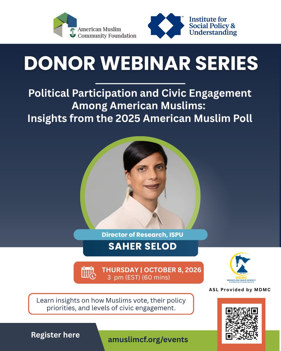 AMuslimCF's tweet photo. 📊 As the 2026 midterm elections approach, what does the data tell us about American Muslim civic and political engagement?
🔗 RSVP: https://t.co/WWlyLx4yqL

#AMCF #ISPU #AmericanMuslims #CivicEngagement #AmericanMuslimPoll #MuslimProfessionals #MuslimNonprofits https://t.co/aQAh3EmDdx