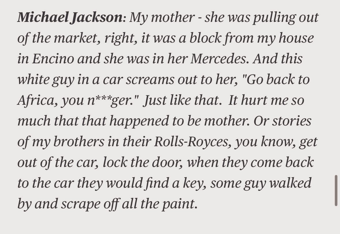 myapriest's tweet photo. michael talking about the racism he and his family faced while being the only black family living in encino. and at one point they called his mother racial slurs. they even would destroy michael and his brother’s cars, and unfortunately the racism towards michael never stopped. https://t.co/JZqnNq6X3A