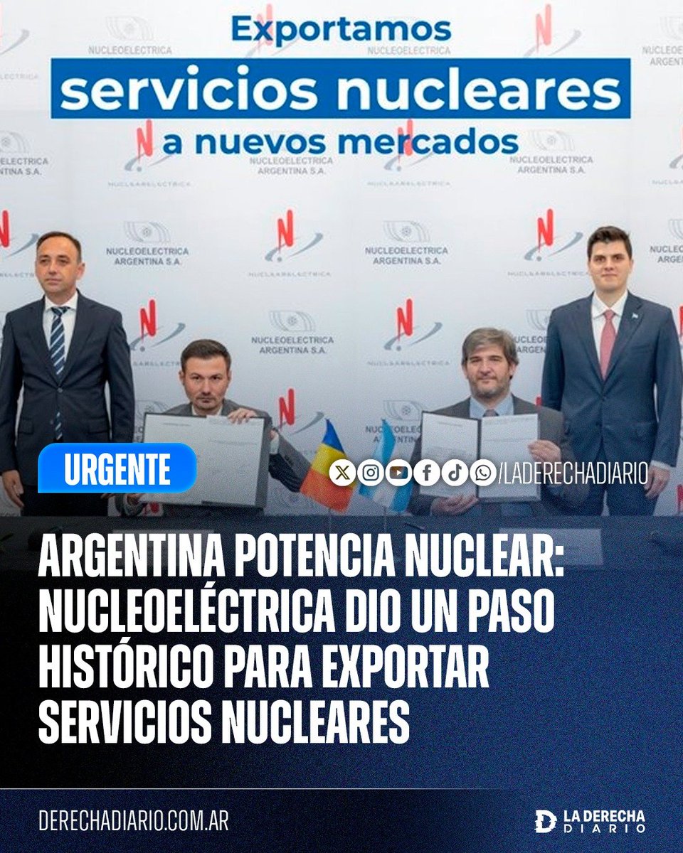 laderechadiario's tweet photo. ☢️🇦🇷🇷🇴 | ARGENTINA POTENCIA NUCLEAR: NUCLEOELÉCTRICA DIO UN PASO HISTÓRICO PARA EXPORTAR SERVICIOS NUCLEARES

Nucleoeléctrica Argentina firmó un Memorándum de Entendimiento con la operadora nuclear rumana SN Nuclearelectrica que abre por primera vez la posibilidad de que el país participe en la extensión de vida de la Unidad 1 de Cernavodă, utilizando la experiencia adquirida en la Central Nuclear Embalse.

El acuerdo permitirá avanzar en la exportación de servicios argentinos de ingeniería, mantenimiento, seguridad nuclear y modernización de centrales, como parte de la estrategia para transformar décadas de desarrollo nuclear nacional en negocios, exportaciones y generación de divisas.
