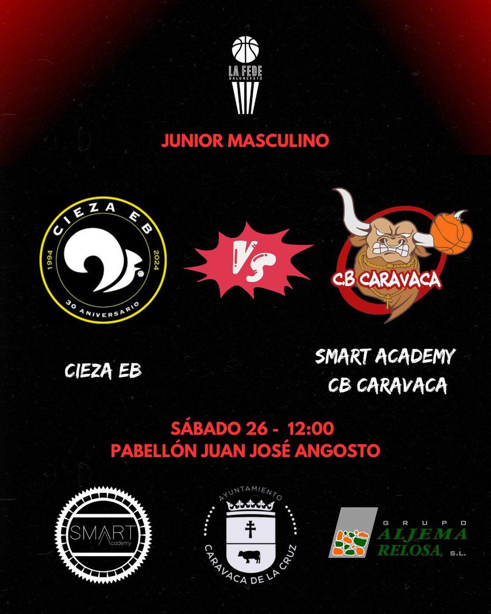 CB_Caravaca's tweet photo. 🏆 JUNIOR MASCULINO 
🏀 JORNADA 1
📅 Sábado 26
🕒 12:00h.
🆚 @CiezaEB
📌 Pab. Juan José Angosto 

Comienza la nueva temporada para el Junior Masculino y quiere iniciar con victoria.

En frente un duro rival que no lo pondrá nada fácil. Partidazo asegurado.

¡VAMOS CARAVACA! https://t.co/jqrybAYibL
