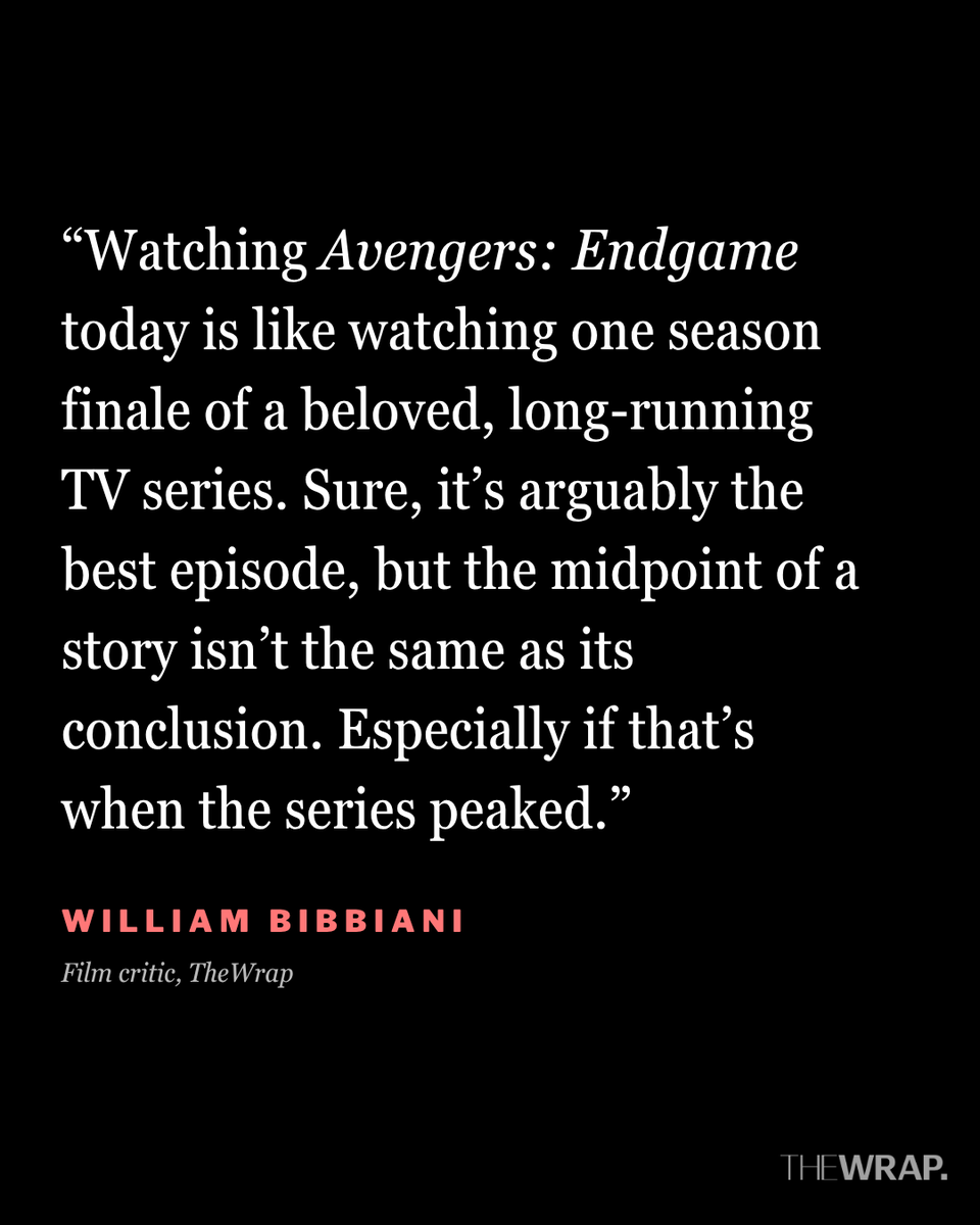 TheWrap's tweet photo. #AvengersEndgame is back in theaters this weekend, and TheWrap film critic William Bibbiani writes that, while it's still "epic" and "entertaining," it doesn't feel the same as it did on release.

"When it came out 'Endgame' was the culmination of more than a decade of non-stop Marvel enthusiasm. It felt like an ending, and that’s something few ongoing franchises ever have. That sense of finality made 'Endgame' feel important, but watching it again seven years later, that sensation is gone."

Read the full story: https://t.co/0jNYR0w4TW

Photo: Marvel Studios