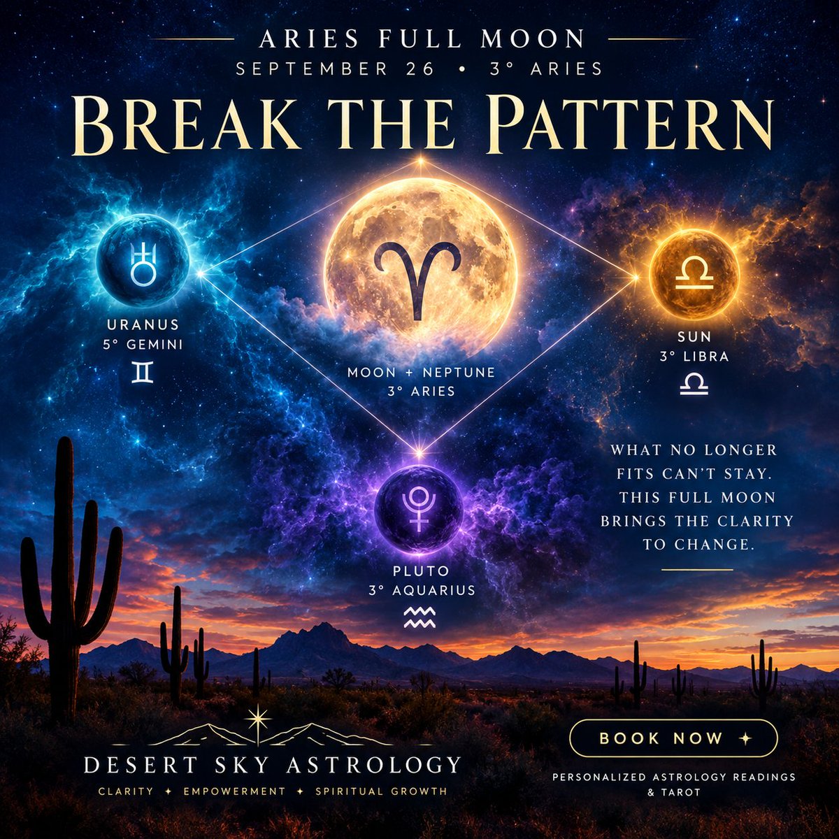 desertskyastro's tweet photo. โก๐ Break the pattern. Pluto transforms, Uranus disrupts, Aries acts. What are you finally ready to change? ๐ฅ Book now ๐https://t.co/zGVJIp2Lxk. โ๏ธ๐#AriesFullMoon #astrology #libraseason https://t.co/OM6Tl7b3oG