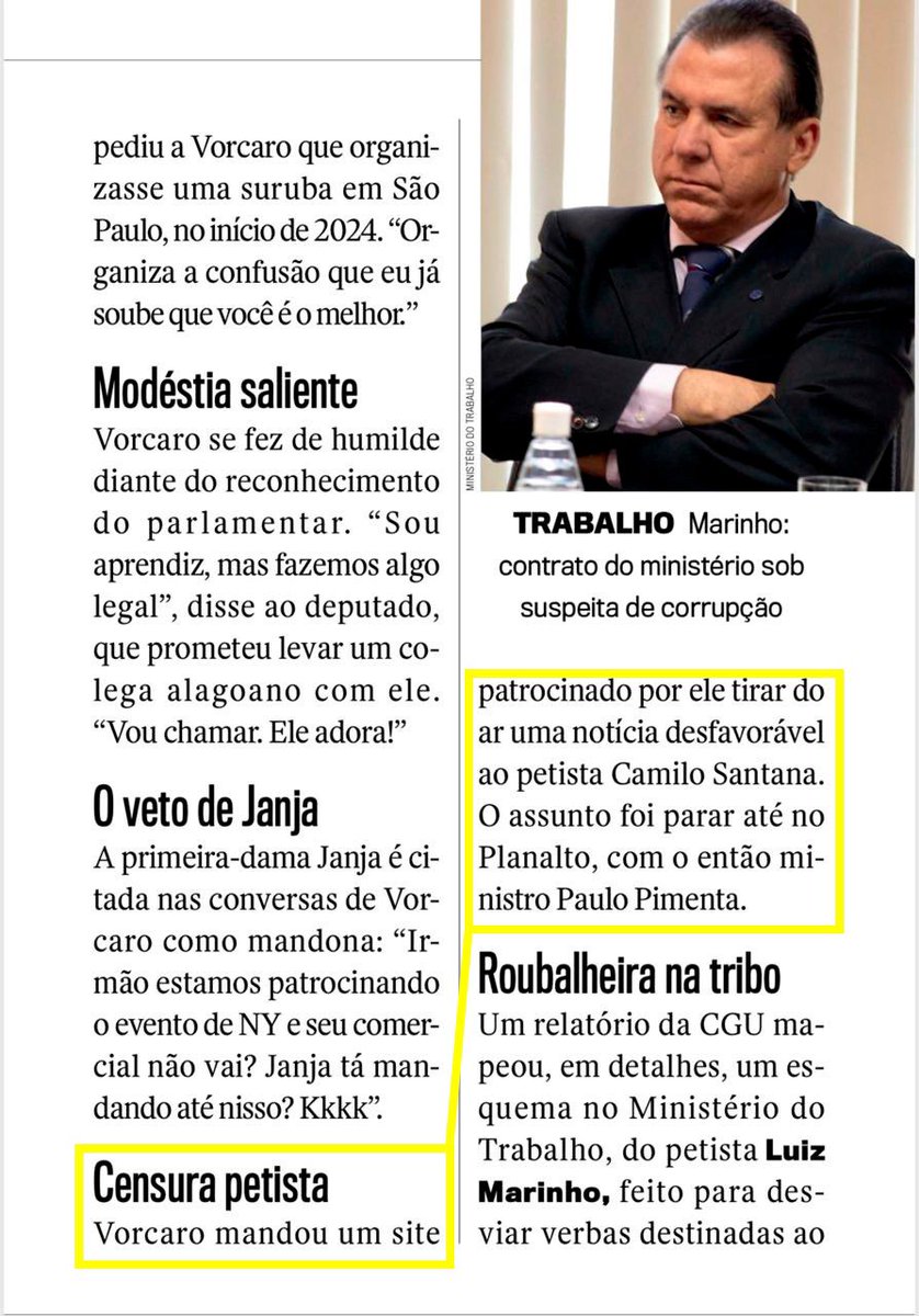 donizetearruda7's tweet photo. 💣💣💣DEU NA REVISTA VEJA! COLUNA RADAR, DE ROBSON BONIN, TRAZ NA EDIÇÃO DESTA SEXTA,25, NOTA RELATANDO QUE BANQUEIRO DANIEL VORCARO PEDIU A RETIRADA DE UMA NOTA COM CONTEÚDO DESFAVORÁVEL,  AO ENTÃO MINISTRO DA EDUCAÇÃO, CAMILO SANTANA.
Eis a nota da coluna Radar: 
Censura petista
Vorcaro mandou um site patrocinado por ele tirar do ar uma notícia desfavorável ao petista Camilo Santana. O assunto foi parar até no Planalto, com o então ministro Paulo Pimenta.