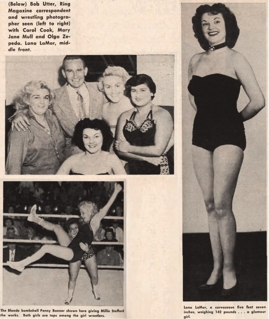 Marcos_editor_0's tweet photo. Below) Bob Utter, Ring Magazine correspondent and wrestling photogra-pher seen (left to right) with Carol Cook, Mary Jane Mull and Olga Ze-peda. Lana LaMar, mid-dle front. #Wrestling #OlgaZepeta #CarolCook #LanaLamar #MaryJaneMull https://t.co/c6gUf8wLcq