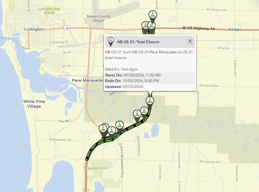 MDOT_West's tweet photo. UPDATE:  Ludington- 
Intermittent daily (7am to 8pm) ramp closures are scheduled for this Monday thru Fri Oct 2 on US-31 at S Pere Marquette Hwy &amp; at US-10. NB US-31 closes from S. Pere Marquette to US-10 this Wednesday through Fri Oct 2 between 7am &amp; 8pm. https://t.co/heNUIBJ4KF https://t.co/EvatjkbxpF