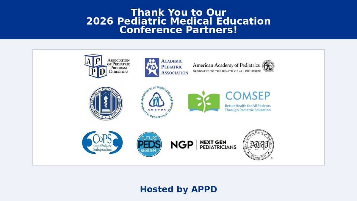 APPDconnect's tweet photo. Thank You to Our 2026 Pediatric Medical Education Conference Partners! Together, we are advancing pediatric medical education, fostering innovation, and preparing the next generation of pediatric leaders. @APPDconnect #Pediatrics #MedEd https://t.co/YX2oHpeHH1