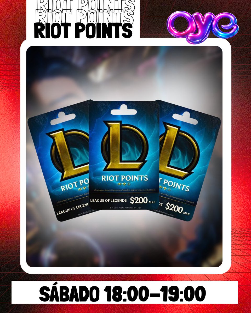 oyegaming897's tweet photo. ‼️GANA RIOT POINTS‼️
 
📻Escucha Oye Gaming 89.7 para más recompensas, sábados de 6-7 pm

Resquisitos: 

✅ Sigue a @oyegaming897 
✅ Etiqueta a tu dúo y rt
✅ Responde: ¿Cuál fue nuestra invitada del fin de semana pasado? 

El ganador se dará el día mañana en nuestras historias. https://t.co/C3oceUTP1k