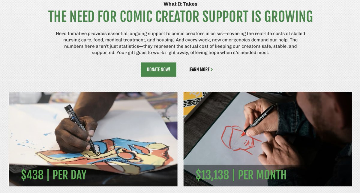 heroinitiative's tweet photo. With JUST ONGOING needs such as food, medicine &amp; nursing home care, Hero Initiative provides $13,138 monthly to comic creators in need. This is in ADDITION to frequent one-time emergencies that pop up. Do your part and DONATE at our redesigned website, GO: https://t.co/ibXLfJ6UjZ https://t.co/lR54g8J5Br
