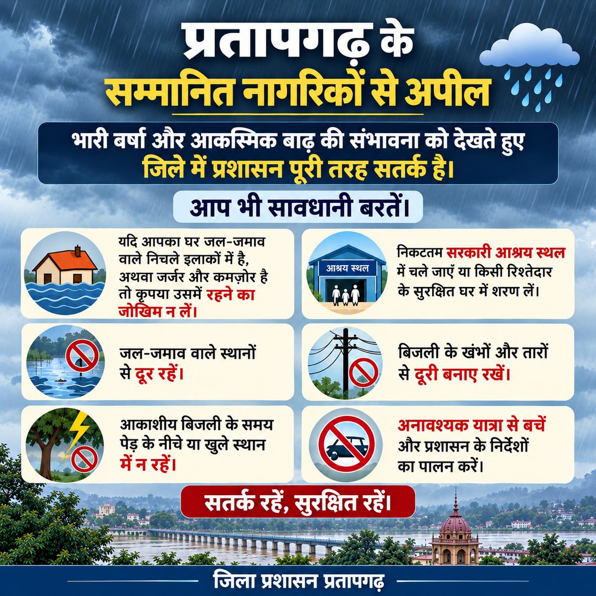 dmpratapgarh's tweet photo. अत्यंत महत्वपूर्ण संदेश l URGENT AND IMPORTANT MESSAGE.

"यदि आपका घर जल-जमाव वाले निचले इलाकों में है, अथवा जर्जर और कमज़ोर है तो कृपया उसमें रहने का जोखिम न लें।"

प्रतापगढ़ के सम्मानित नागरिकों से अपील, भारी वर्षा और आकस्मिक बाढ़ की संभावना को देखते हुए जिले में प्रशासन पूरी तरह सतर्क है। आप भी सावधानी बरतें। 

यदि आपका घर जल-जमाव वाले निचले इलाकों में है, अथवा जर्जर और कमज़ोर है तो कृपया उसमें रहने का जोखिम न लें। निकटतम सरकारी आश्रय स्थल में चले जाएं या किसी रिश्तेदार के सुरक्षित घर में शरण लें। 

जल-जमाव वाले स्थानों से दूर रहें, बिजली के खंभों और तारों से दूरी बनाए रखें। आकाशीय बिजली के समय पेड़ के नीचे या खुले स्थान में न रहें। अनावश्यक यात्रा से बचें और प्रशासन के निर्देशों का पालन करें। 

सतर्क रहें, सुरक्षित रहें।