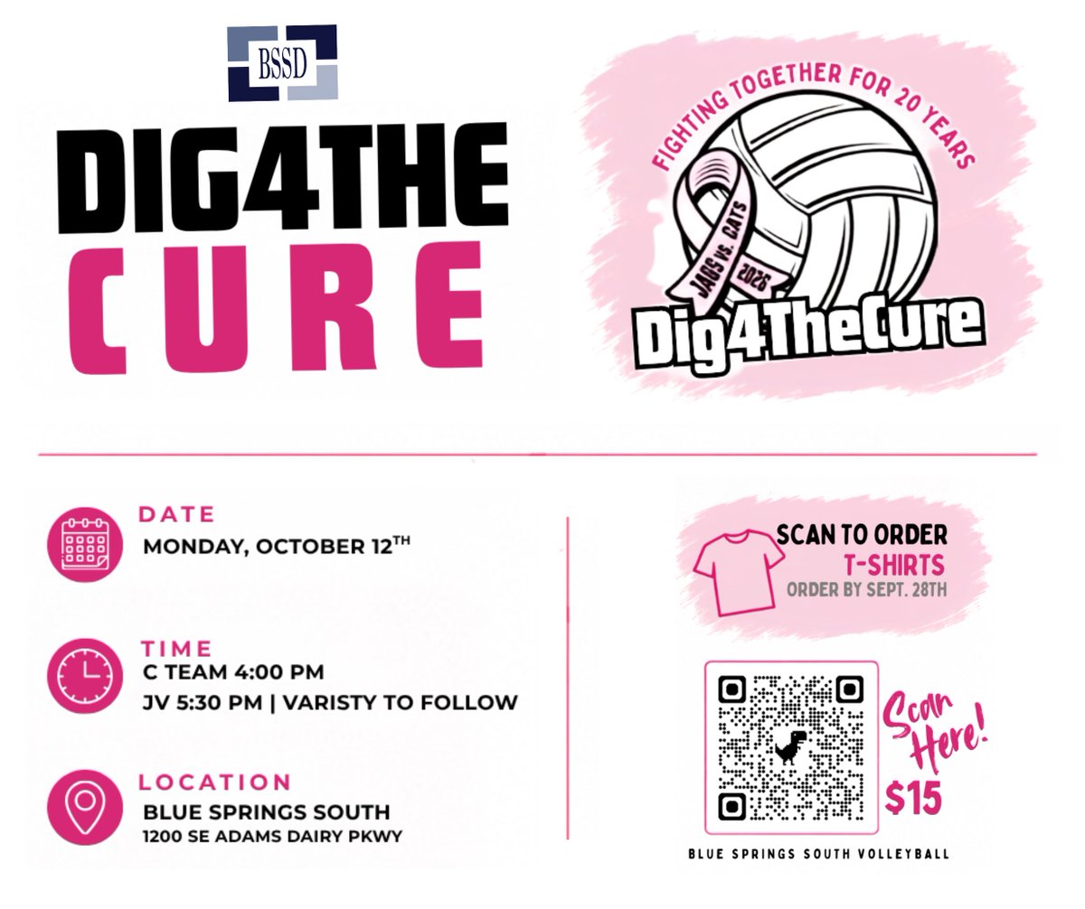 BSSDnews's tweet photo. On Monday, October 12, the Blue Springs Wildcats and Blue Springs South Jaguars square off in a "Dig 4 the Cure" volleyball matchup to raise money for cancer research. This year, Dig 4 the Cure is coming together to support Shenquila Story.

Shenquila is a local Blue Springs Mom who has been battling cancer for the past 3 years. She has deep ties to the Blue Springs community, with several of her children attending Blue Springs Schools.

All proceeds raised through "Dig 4 the Cure" will go toward Shenquila's care, treatment, and other needs during her cancer journey.

C Team plays at 4:00 pm, JV plays at 5:30 pm, and Varsity follows JV.

Order T-Shirts by September 28:
https://t.co/ZViyel0nbA

#WeAreBSSD