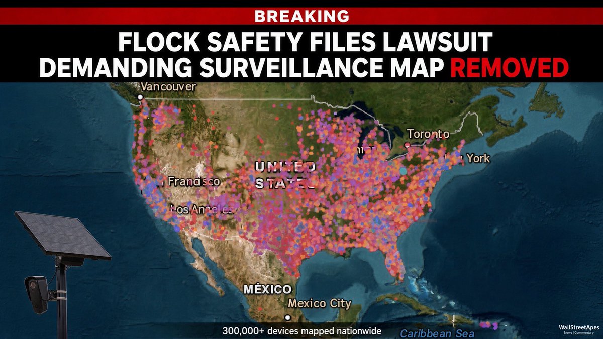 WallStreetApes's tweet photo. NEW: Flock Safety demands the live map showing where all their cameras are located removed 

Data on the map comes from Flock’s own records of over 334,000 cameras, 213,000 active devices plus hundreds of Flock drones

Flock filed a trademark complaint claiming the site uses “FLOCK SAFETY” without permission