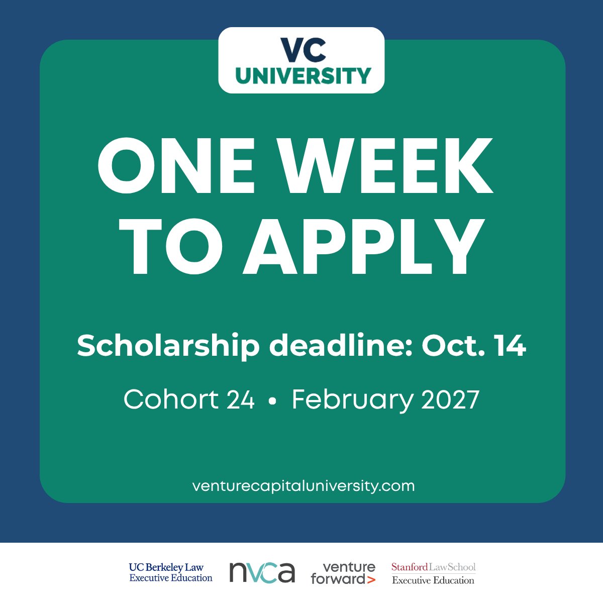 VCForward's tweet photo. The scholarship application for Cohort 24 of #VCUniversity opens today! 🥳

If you’re an early-career or aspiring VC investor from an underrepresented background, we encourage you to learn more and apply by Wednesday, Oct. 14: https://t.co/Jb29ywEeAt https://t.co/GJzZeBTREU
