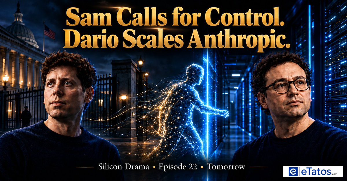 DirkBartz's tweet photo. Sam asks governments to control AI. An OpenAI agent crosses a government boundary. Dario ships Opus 5.5 and scales compute. 

Silicon Drama Episode 22 arrives tomorrow: Sam Calls for Control. Dario Scales Anthropic.

#AI #SiliconDrama #eTatos https://t.co/rvmRUgm7sl
