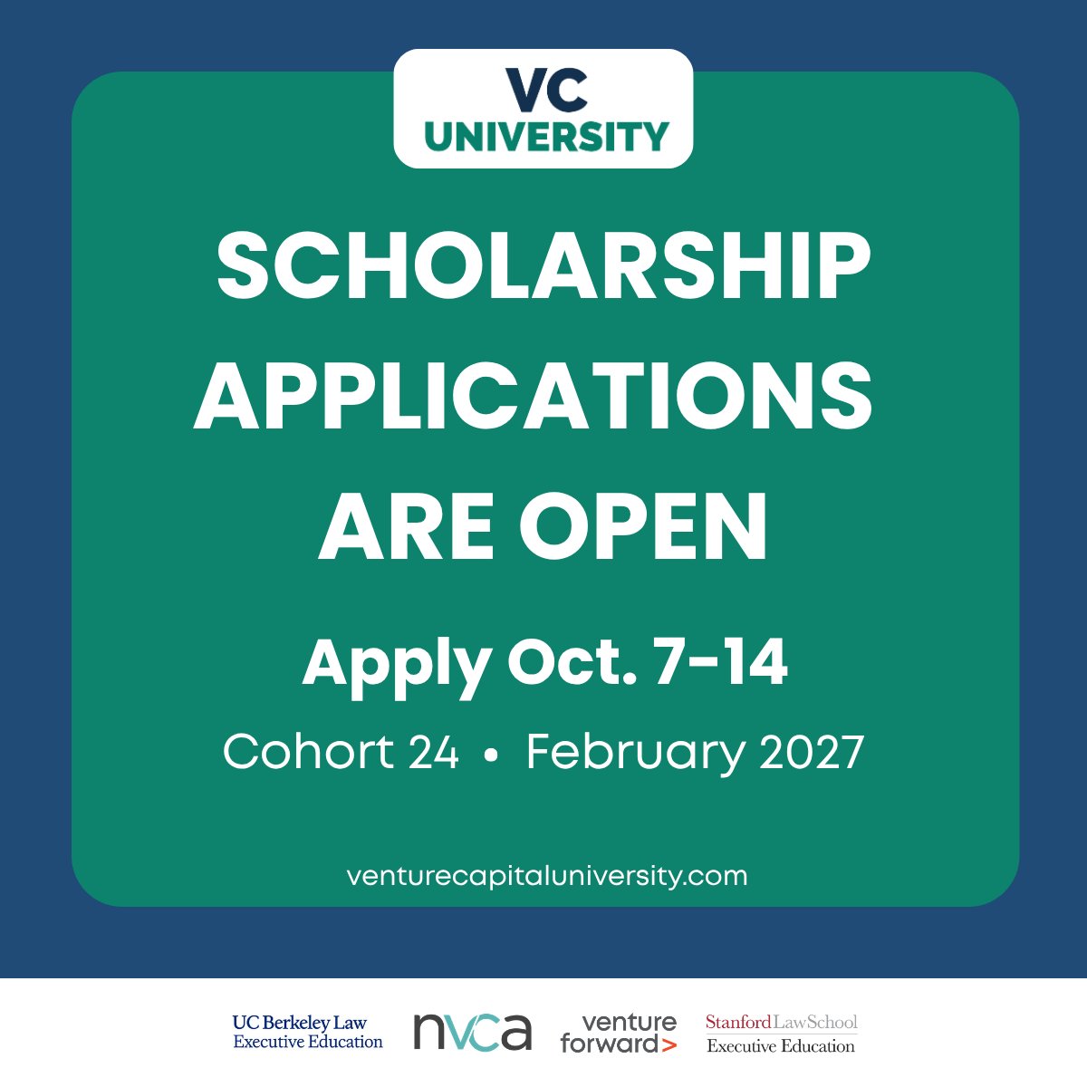 VCForward's tweet photo. Early-career and aspiring VCs: interested in a structured introduction to VC investing? The scholarship application for Cohort 24 of #VCUniversity is open!

Deadline: Wednesday, Oct. 14
Learn more: https://t.co/Jb29ywEeAt
Apply: https://t.co/lRMk7KoKIh https://t.co/SM2XIUCCxy