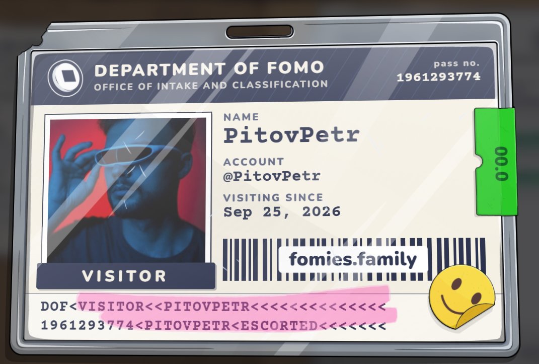 PitovPetr's tweet photo. visiting the department of fomo. no case yet. must be escorted at all times. @FomiesNFT https://t.co/dRv4asNnJu