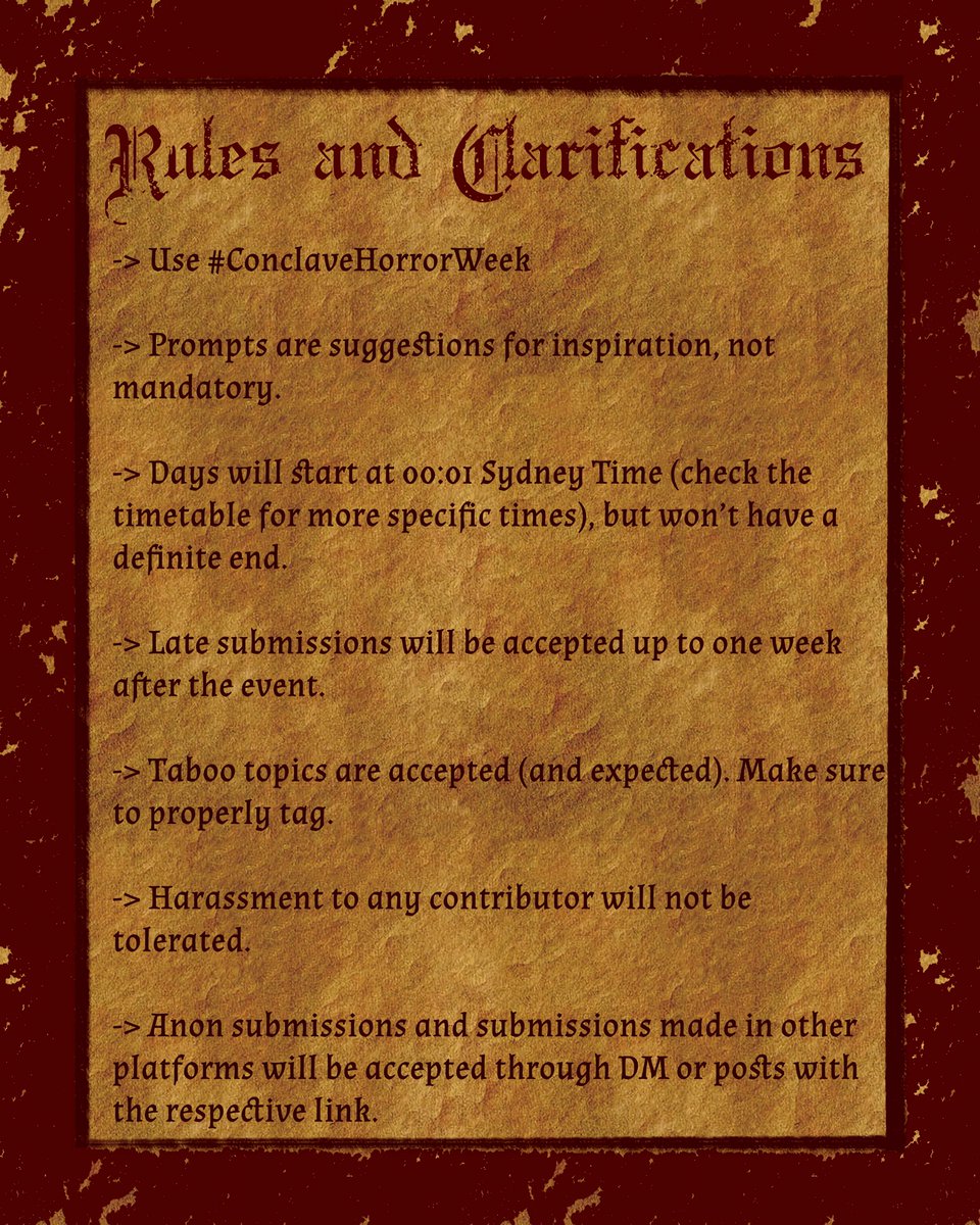 ConkHorrorWeek's tweet photo. I present thee with The Rules

Ask the Admin... https://t.co/EIYyMxto5i

#ConclaveHorrorWeek https://t.co/E6H2sHaK3X