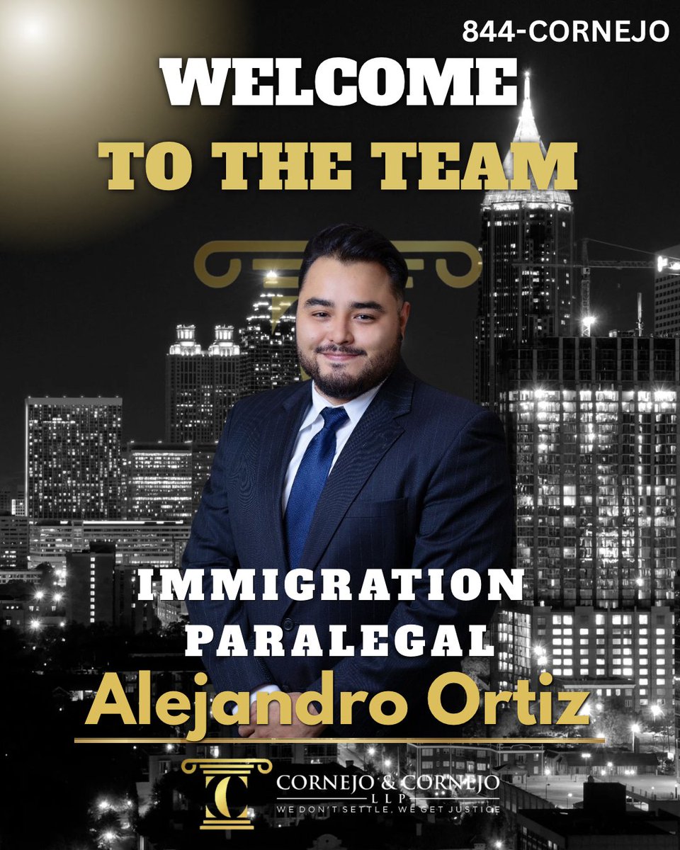 Cornejo_Law's tweet photo. Please join us in welcoming Alejandro Ortiz to Cornejo & Cornejo as our Immigration Paralegal.✨🇺🇸⚖️

Alejandro brings many years of experience and a strong commitment to serving individuals and families through the immigration process. We know how much trust our clients place in our team, and we’re confident Alejandro will take exceptional care of them with professionalism, compassion, and attention to detail.

We’re proud to have him with us. Welcome to the team, Alejandro!

We don’t settle, We get justice. ✨

844-CORNEJO 🤳🏽
#lawfirm #welcome #immigrationlaw #cornejoandcornejolaw