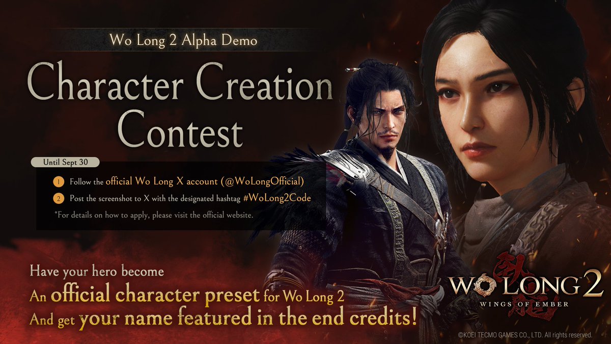 WoLongOfficial's tweet photo. Be remembered forever with your name in the #WoLong2 credits and have your warrior in the game!
Character Creation Contest ends soon! Post your character screenshots, follow us here & use hashtag #WoLong2Code. Winners will be credited & their creations shared with the world! https://t.co/g1XwpliGMb