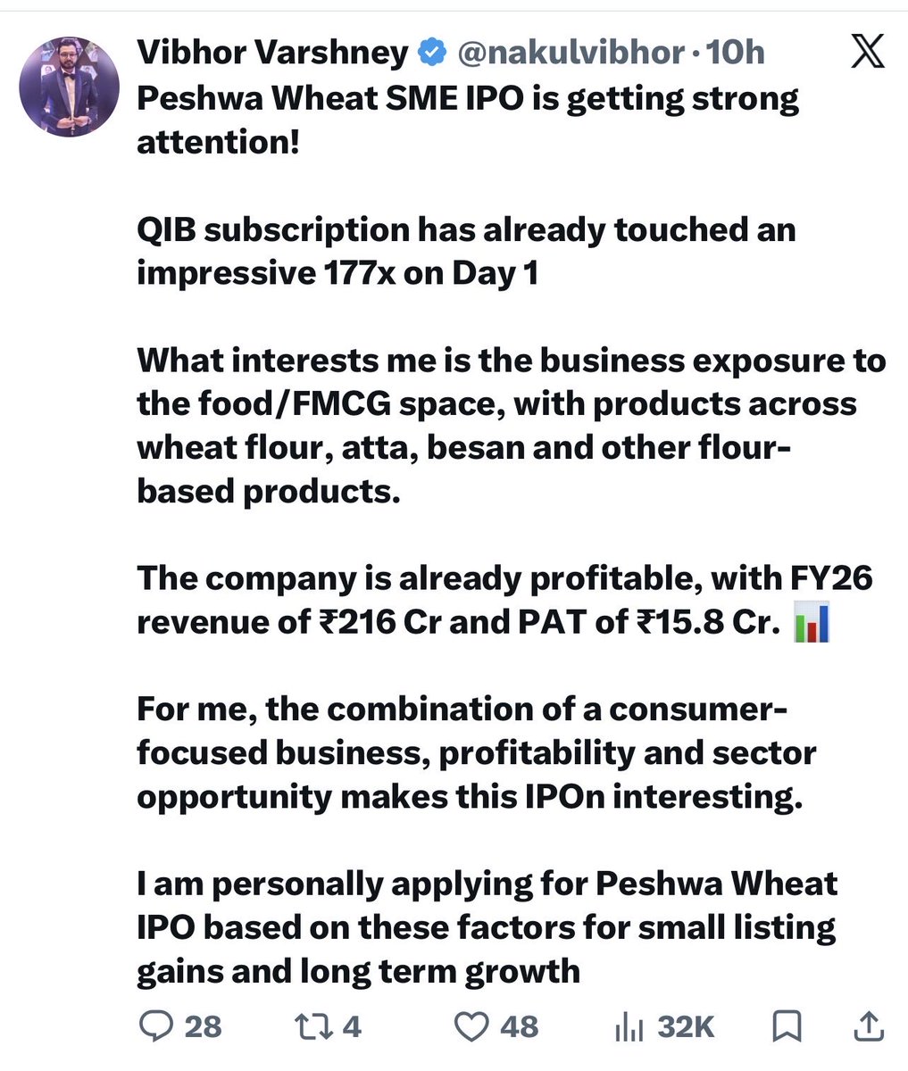 ADX_Learner's tweet photo. #Peshwa Wheat IPO 

Highly popular figures on X (Twitter)—who have millions of followers and some of whom are even SEBI-registered—are posting paid promotional post in favor of this IPO.

Be cautious..🤗

Some of the influencers who made paid promotional posts (all the posts are almost similar and copy-pasted) have been tagged here 👇👇

(1) @nakulvibhor