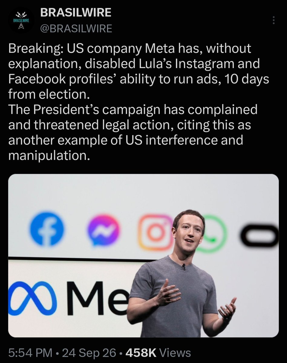extremearturo's tweet photo. I'm sometimes amazed (but not surprised) at how blatant U.S. interference in recent elections in Latin America gets so little attention in the U.S. There's no better example in the moment than the efforts to interfere in Brazil's presidential election.

Currently, in addition to the White House's meddling, Meta is actively helping interfere in Brazil's election. A couple of weeks ago, I reported on Facebook allowing ads riddled with disinformation about the elections. Since then, Meta disabled Lula's ability to run ads on the platform and labeled all of his posts as "election propaganda."

Meanwhile, Flávio Bolsonaro's election-related posts have no such label.

https://t.co/ChOKU4QXI4
