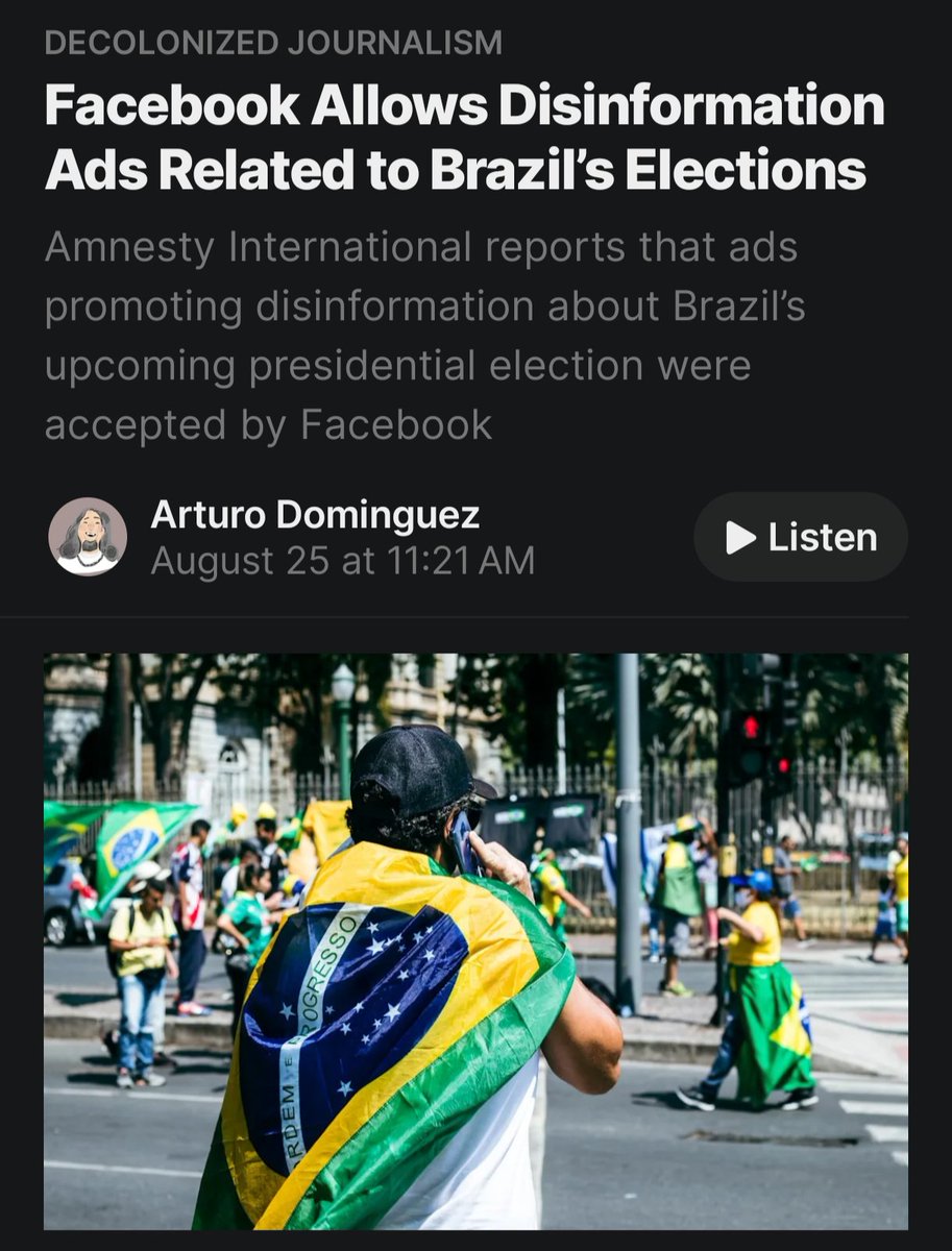 extremearturo's tweet photo. I'm sometimes amazed (but not surprised) at how blatant U.S. interference in recent elections in Latin America gets so little attention in the U.S. There's no better example in the moment than the efforts to interfere in Brazil's presidential election.

Currently, in addition to the White House's meddling, Meta is actively helping interfere in Brazil's election. A couple of weeks ago, I reported on Facebook allowing ads riddled with disinformation about the elections. Since then, Meta disabled Lula's ability to run ads on the platform and labeled all of his posts as "election propaganda."

Meanwhile, Flávio Bolsonaro's election-related posts have no such label.

https://t.co/ChOKU4QXI4