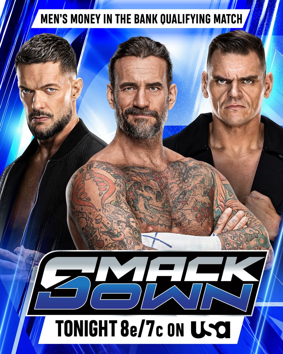 WWE's tweet photo. TONIGHT on #SmackDown: 

🪜 Men's #MITB Qualifying Match: 
🤑 CM PUNK vs. GUNTHER vs. FINN BALOR

📺 8e/7c on @USANetwork https://t.co/ZCXtkMvvRS