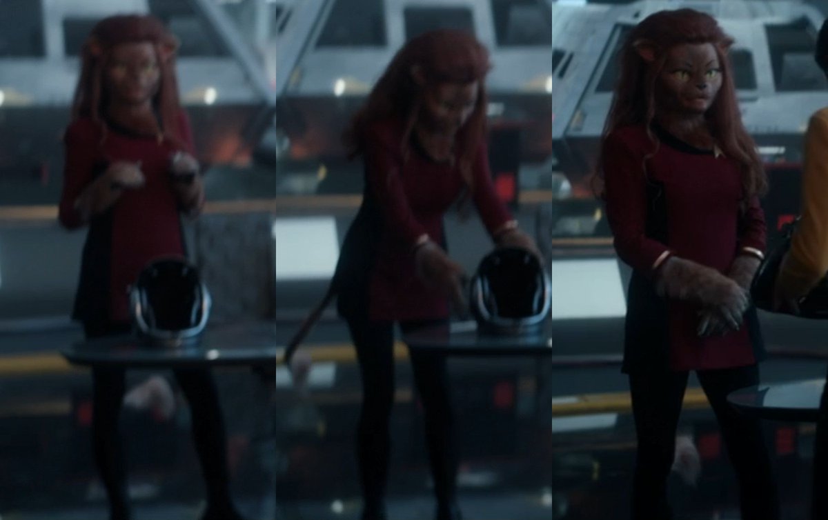 gaghyogi49's tweet photo. Yes! There's indeed a famous Caitian seen in the shuttlebay in #StarTrekSNW's "Tomorrow's Enterprise". Where M'Ress was hiding all the time until season 1 of #StarTrekTAS? In the same place where Chekov was hiding in season 1 of #StarTrekTOS, yet managed to meet Khan! 😁 https://t.co/JK1jDvgBIr