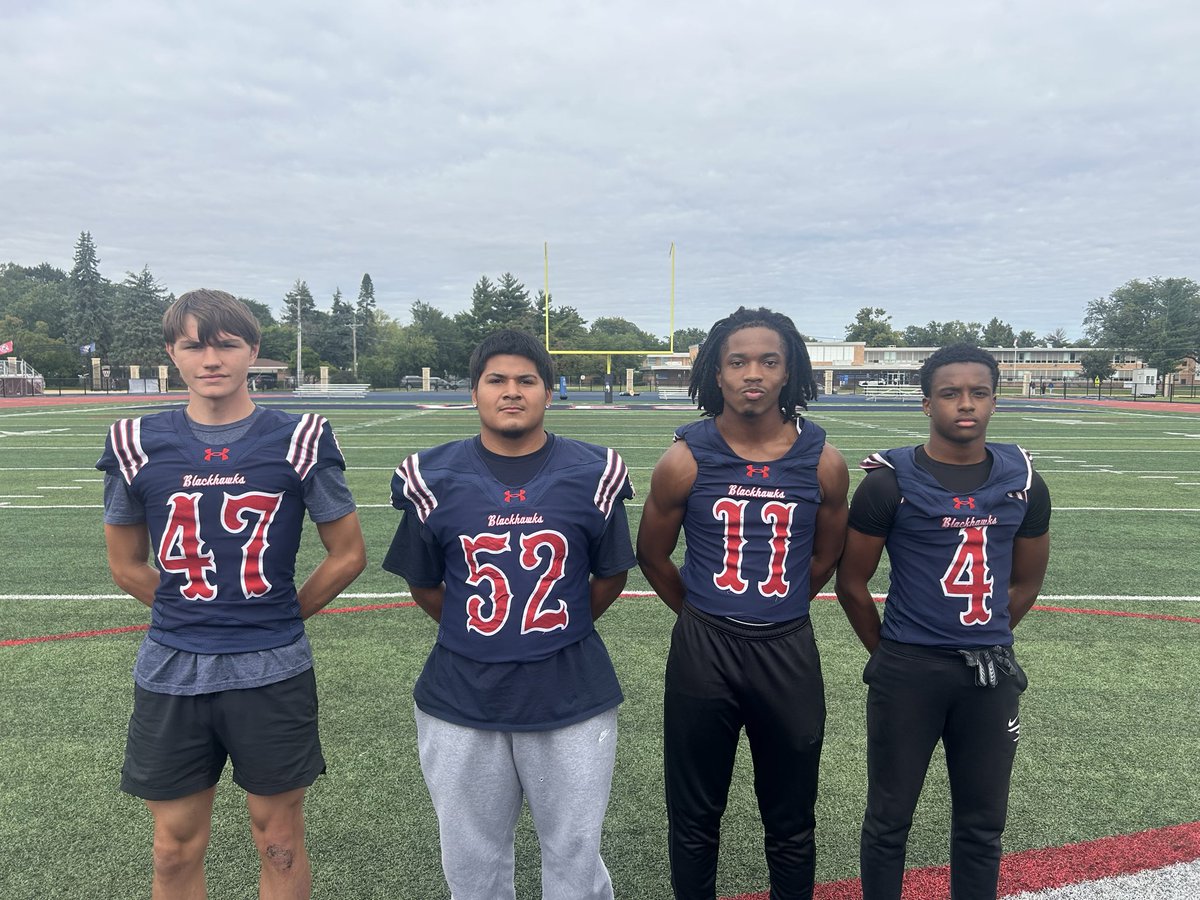 WABlackhawkFB's tweet photo. 🏈 Tonight’s Homecoming Captains 🏈

Leading the Blackhawks onto the field tonight are our four captains: 

Armani Massaro
@3Gutierrez6 
Devin Farmer
@CFK_MJ10 

Let’s pack the stands and bring the energy as we take on the Larkin Royals tonight! https://t.co/ovvea637GH