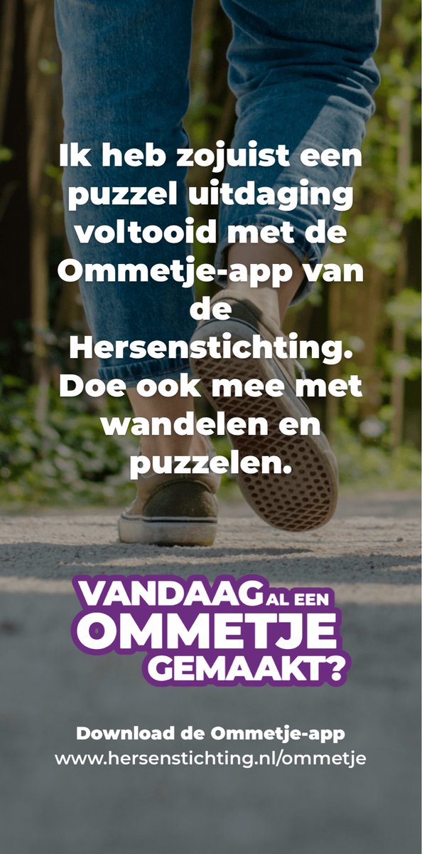 Bea91846731's tweet photo. Ik heb zojuist een puzzel uitdaging voltooid met de Ommetje-app van de Hersenstichting. Doe ook mee met wandelen en puzzelen. https://t.co/OfEzVZ78rI