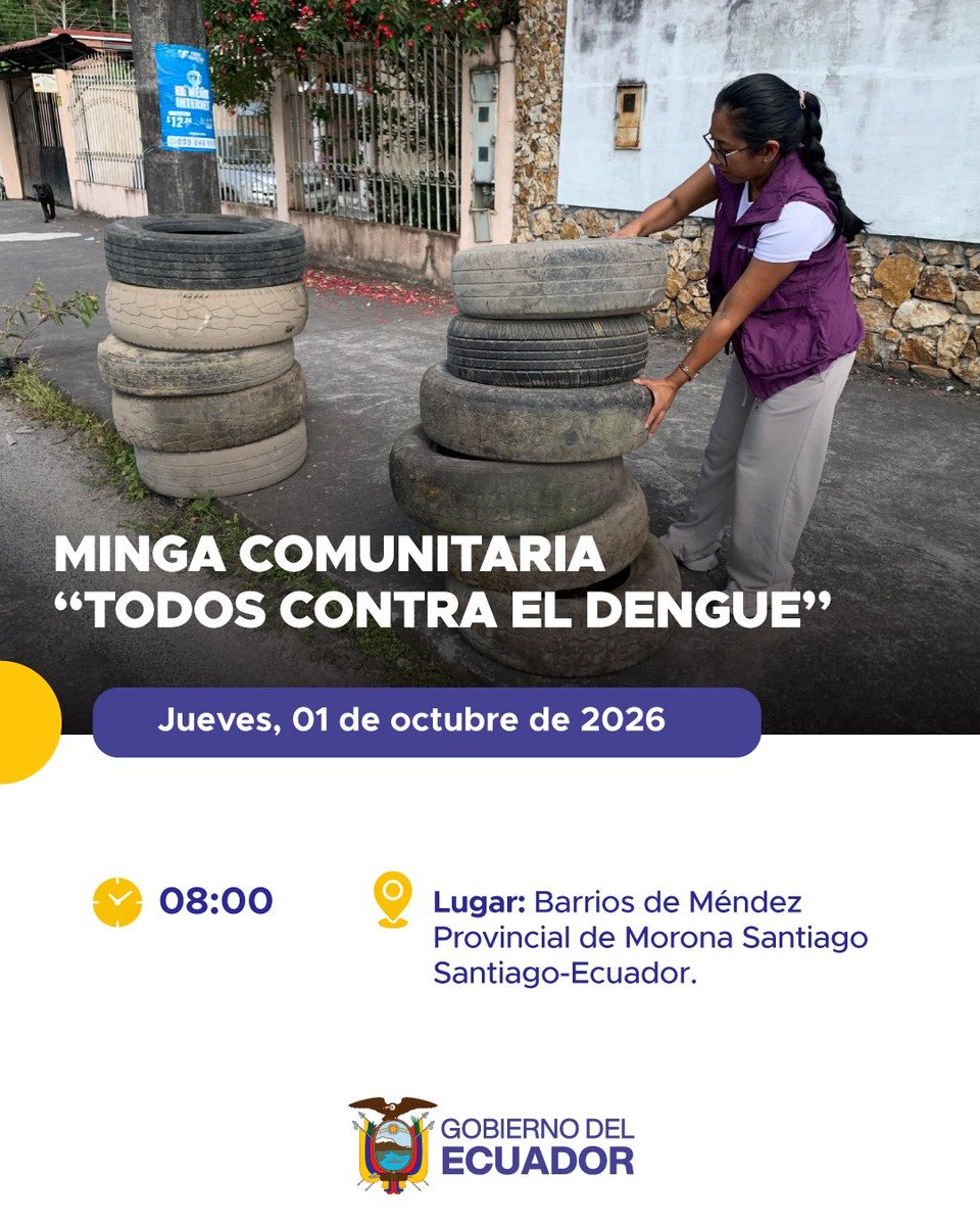dpsmorona's tweet photo. 📍 #MoronaSantiago | 🦟 El @Salud_Ec, en coordinación con las instituciones locales del cantón #Santiago, invitan a la población de los barrios de #Méndez y el sector Bella Unión a participar en la Minga Comunitaria “Todos Contra el Dengue”.

💜 La prevención la hacemos todos. https://t.co/vHrHKWtP3X