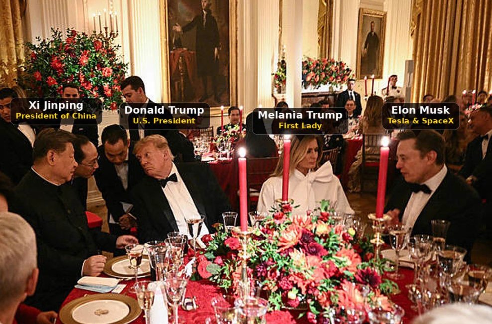 debrazehdee's tweet photo. The picture from last night is the trade.Trump, Xi, Melania, Elon at the same table. Jensen and Tim Cook right there. Trump calling it friendship, strength, success, and saying he’ll go to China in November. Oil sold off on Iran deal chatter. Equities used that as an excuse to squeeze into https://t.co/m0qpt3as6h read: this is a headline bid, not a clean risk-on tape. Yields didn’t break. Inflation expectations jumped. $COST holding up after the print makes sense. $HOOD type retail/fintech names still need the next catalyst, not just “indexes green.”If you needed one name that actually moved on news instead of vibes, it was $AKAM. Everything else was positioning into the weekend.