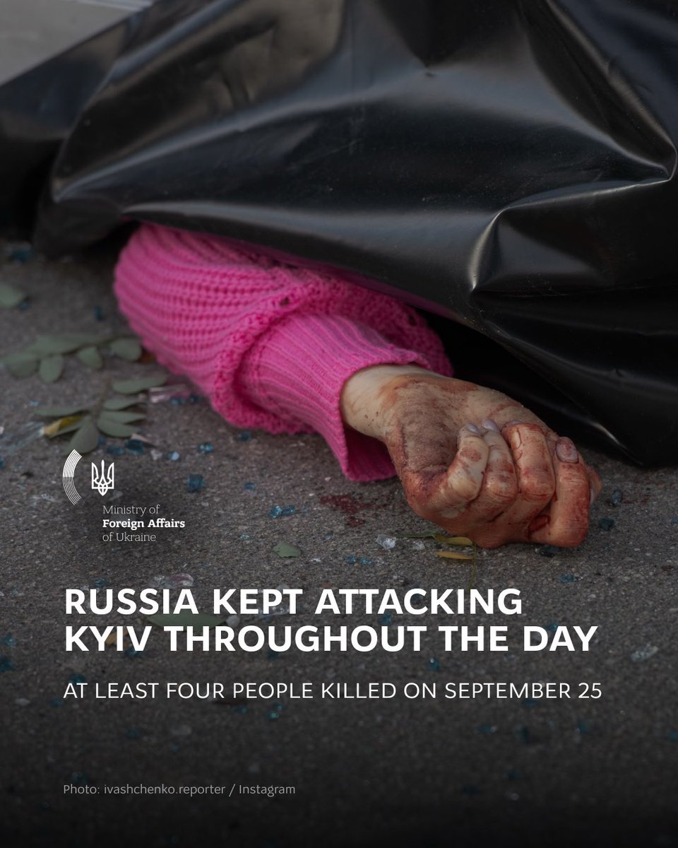 MFA_Ukraine's tweet photo. At least four people were killed in Russia’s drone strike on an office building in Kyiv on September 25. Several others were injured, including a child.

Today, a Russian attack drone targeted ordinary food supplies, striking a warehouse used by McDonald’s. Russia is expanding its strikes to US and other businesses, data centres and internet providers.

The world’s response must make Russia feel the consequences of its terror. Ukraine’s long-range capabilities and international sanctions must work together to make that happen.