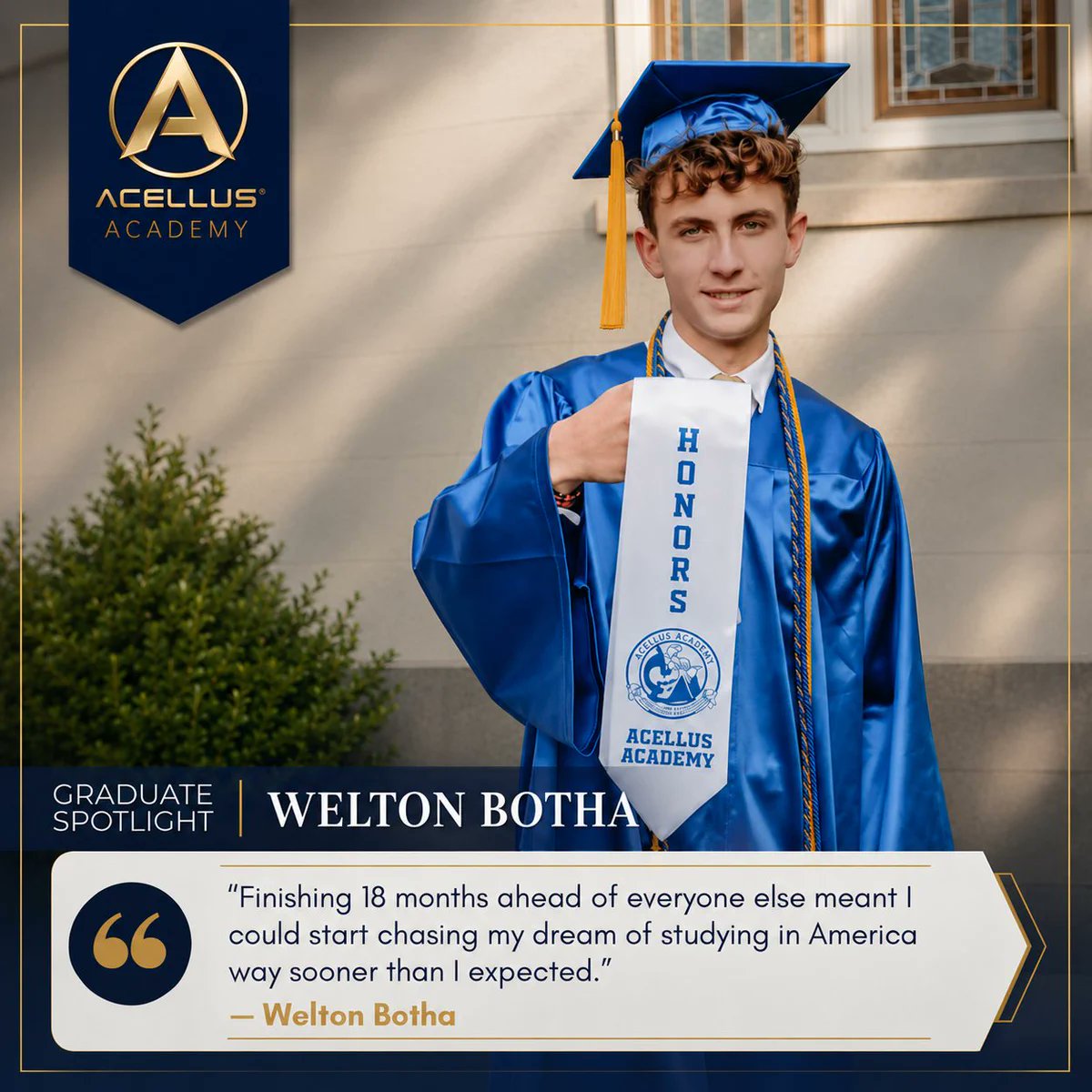 AcellusAcademy's tweet photo. Congratulations to Welton from South Africa! Welton completed a rigorous 32-credit program, including AP courses, and graduated high school 18 months early. This August, he begins university in the United States.