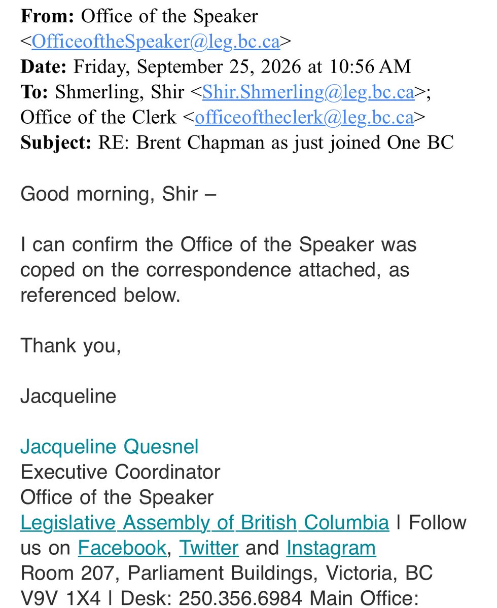 One_BCHQ's tweet photo. Not true. OneBC notified the Office of the Speaker before the election was announced.

Looking forward to bringing prosperity to British Columbia and the next failed attack on OneBC! https://t.co/8YuUd5SwdX
