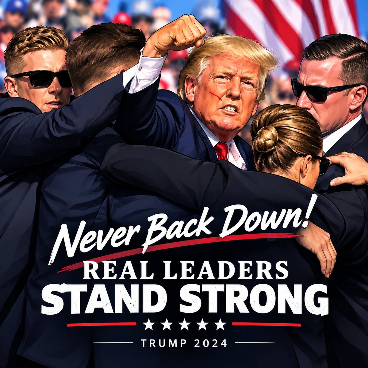 DanaFoxchd's tweet photo. Do you still remember this moment? The whole world watched as Trump raised his fist and stood tall after the shots rang out. https://t.co/u44U6FCc53