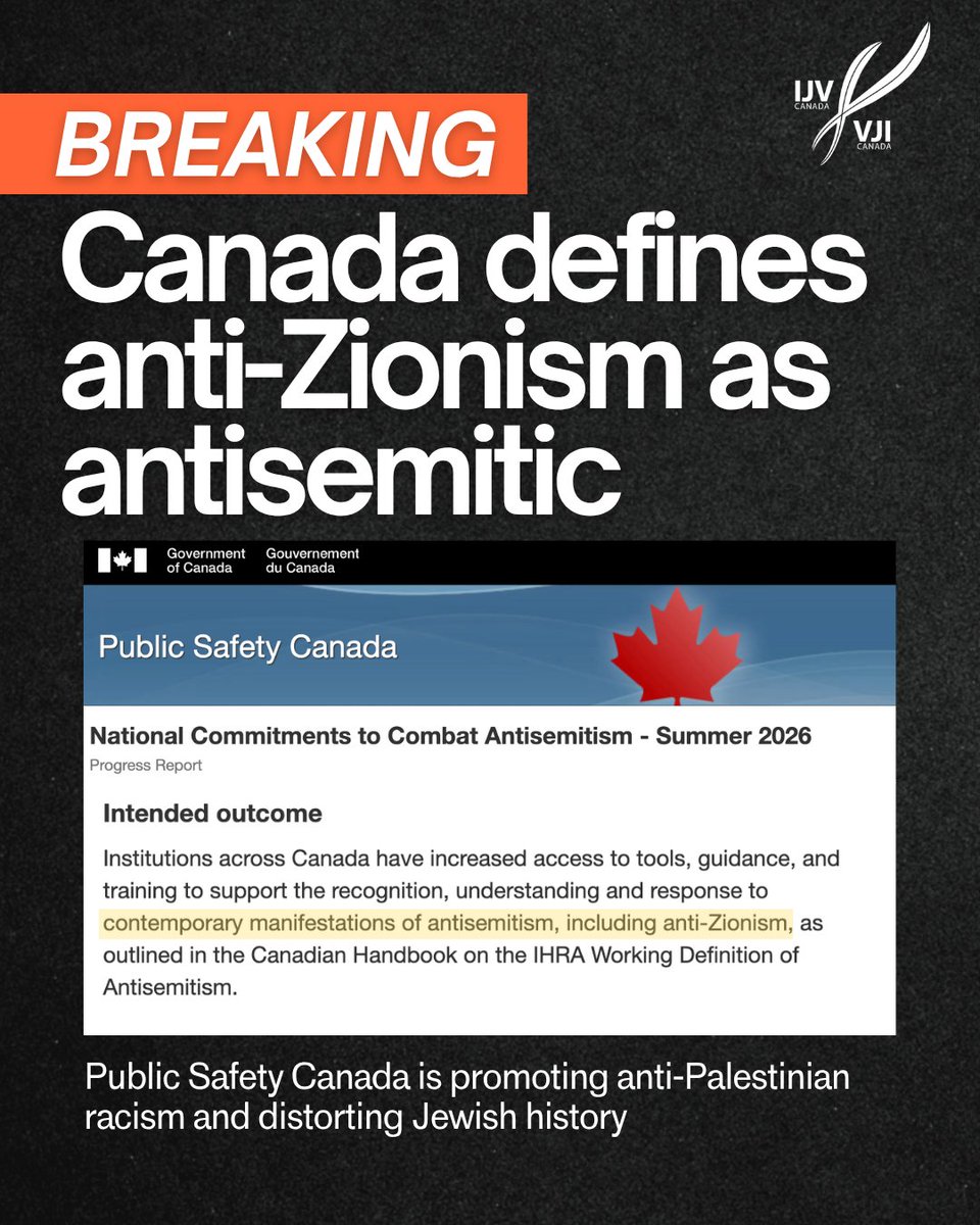 IndJewishVoices's tweet photo. For the first time, the Canadian government has explicitly defined anti-Zionism as a form of antisemitism. This is an appalling capitulation to pro-Israel actors like CIJA and anti-Palestinian racism. 

Zionism forms the ideological backbone of Israel's state-sanctioned violence against Palestinians. Our government quietly redefining it as a form of bigoted hate against Jews as a group is both offensive and inaccurate, and it endangers all Canadians' right to freedom of expression. 

We call for an immediate retraction, acknowledgement of the incredible harm this mischaracterization does to Palestinian and Jewish communities, and a recognition of anti-Zionism as a legitimate political viewpoint grounded in social justice.