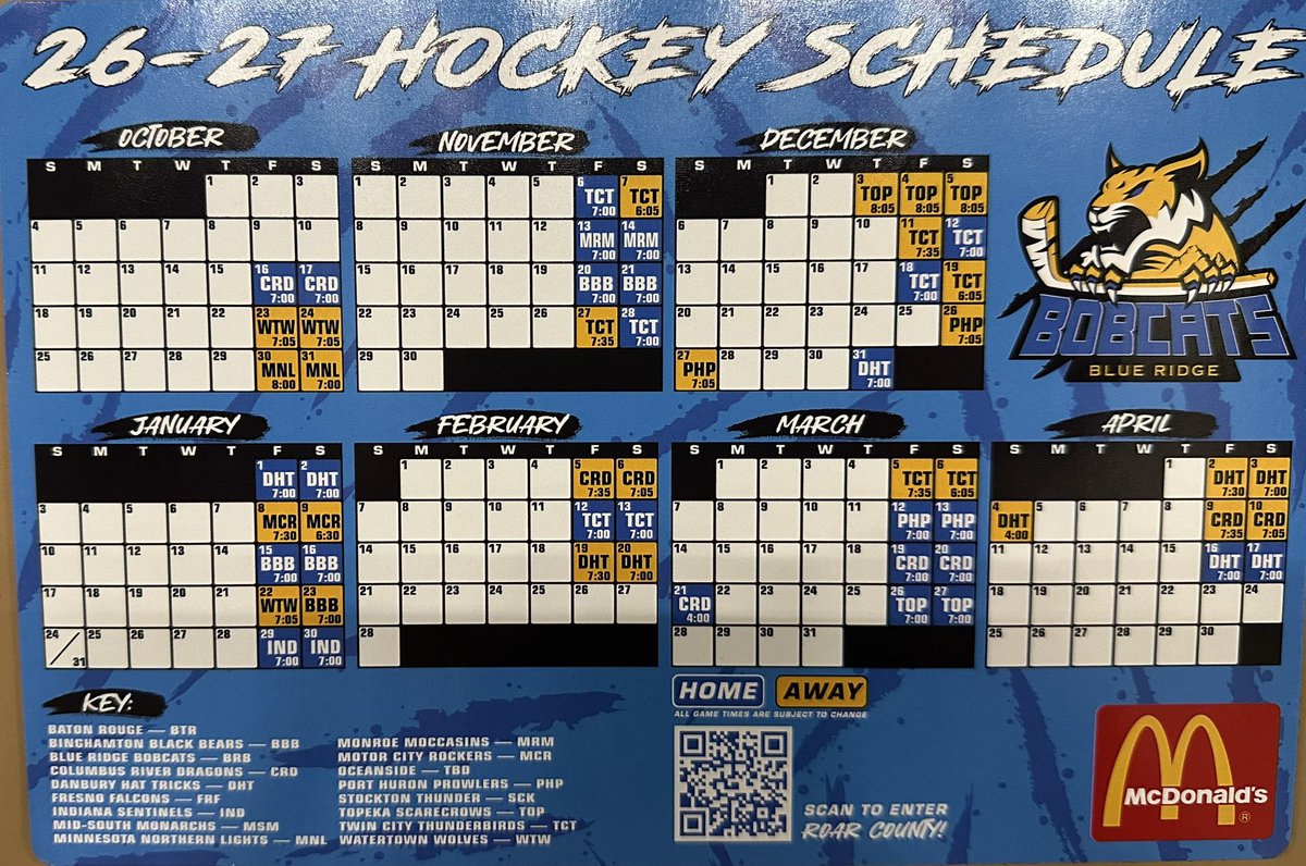 BRBobcatsHKY's tweet photo. WE ARE OFFICIALLY 3 WEEKS AWAY FROM OPENING NIGHT! Be sure to get to #HitachiEnergyArena early 21 days from now, as the first 2,000 fans through the doors receive this magnet schedule courtesy of McDonaldβs! #DigIn #HereWeRoar #FearTheClaw #WeAreRoarCounty https://t.co/kPxMlGT6U8