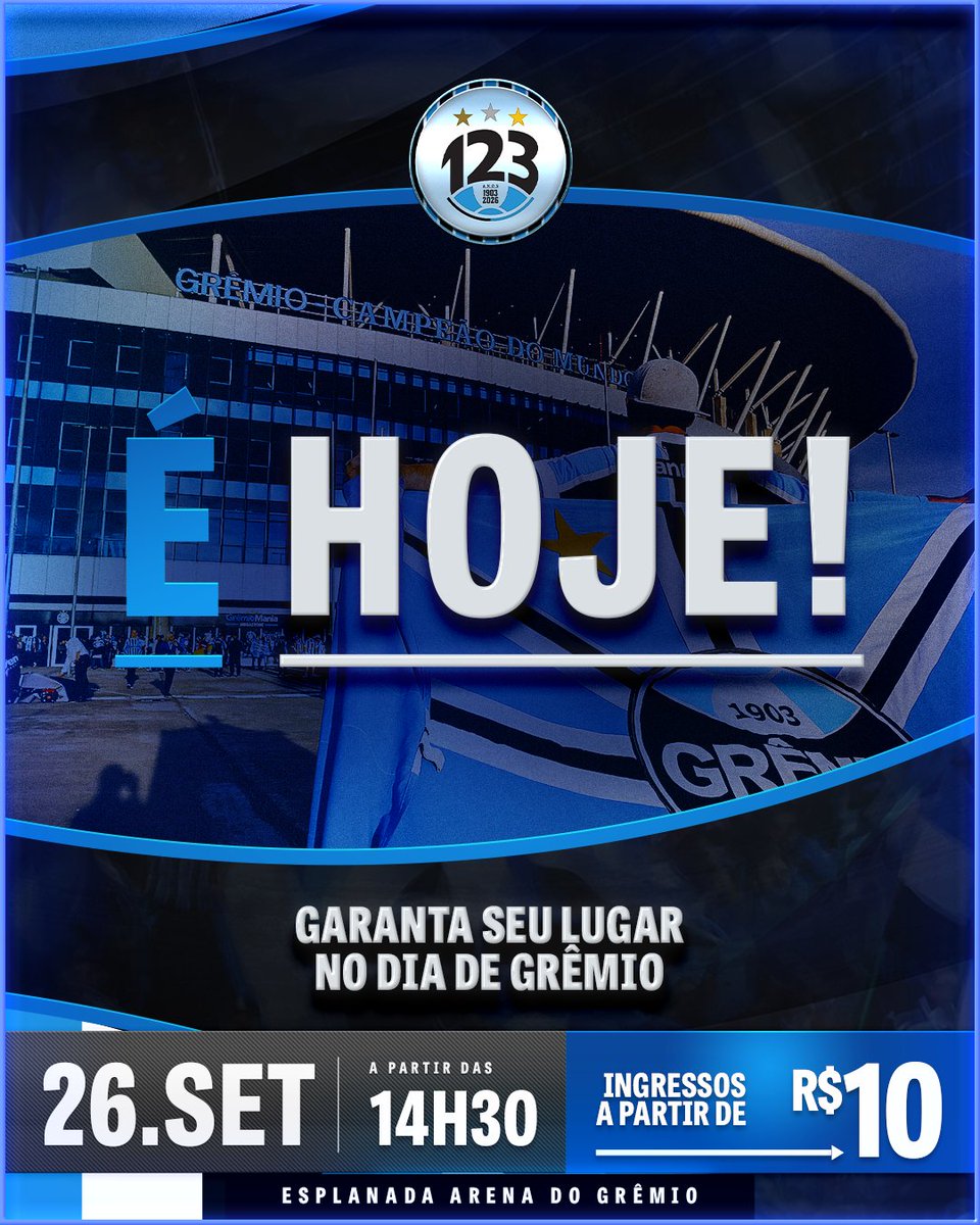 Gremio's tweet photo. 𝐇𝐨𝐣𝐞 𝐞́ 𝐝𝐢𝐚 𝐝𝐞 𝐟𝐞𝐬𝐭𝐚, 𝐞́ 𝐝𝐢𝐚 𝐝𝐞 𝐯𝐢𝐯𝐞𝐫 𝐨 𝐆𝐫𝐞̂𝐦𝐢𝐨! 🇪🇪💙 A espera acabou. A partir das 14h30 vamos celebrar o Tricolor do jeito que a  gosta! Nosso ponto de encontro é na Esplanada e na Arquibancada Norte. Te esperamos para este baita Dia de Grêmio!

👉🏾 Confira o que vai ter:
🛝 Brinquedos infláveis para as crianças;
🌭 Tendas de alimentação;
🔊 Shows na Arq. Norte;
🎺 Experiências para a Torcida;
🧉 Espaços para toda a família Gremista.

🎫 Ingressos a partir de R$ 10.
📲Corre e garanta o seu em https://t.co/E6eQQQNsTZ, na aba Ingresse.

#Grêmio123Anos