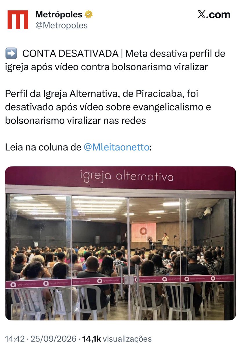 delucca's tweet photo. e tem mais censura: o Instagram está desativando contas de igrejas que criticam o bolsonarismo, mais uma clara interferência das big techs nas eleições deste ano https://t.co/zFsA15d33T