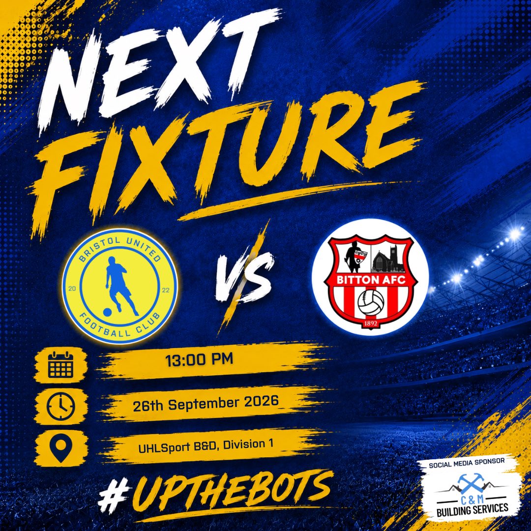 FCBristolUnited's tweet photo. ⚽️ MATCHDAY TOMORROW!

🔵 First Team are back after a week off with a tough trip to @BittonReserves.

🏆 B&amp;D Division 1
🕐 1pm KO
📍 Bath Rd, Bitton, BS30 6HX

Looking to build on our winning start to the league campaign! 💪

#UpTheBots 1/2 https://t.co/UaMzyIcH1b