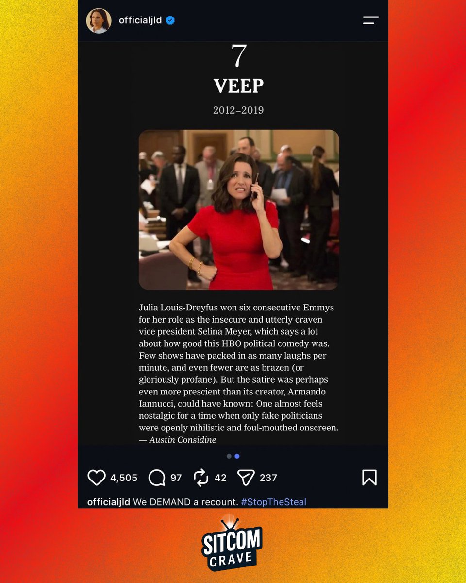 sitcomcrave's tweet photo. Julia Louis-Dreyfus jokes on Instagram about VEEP ranking at #7 on the New York Times’ list of the 100 Best TV Shows of the 21st Century

"We DEMAND a recount. #StopTheSteal" https://t.co/arOWx7IEIF