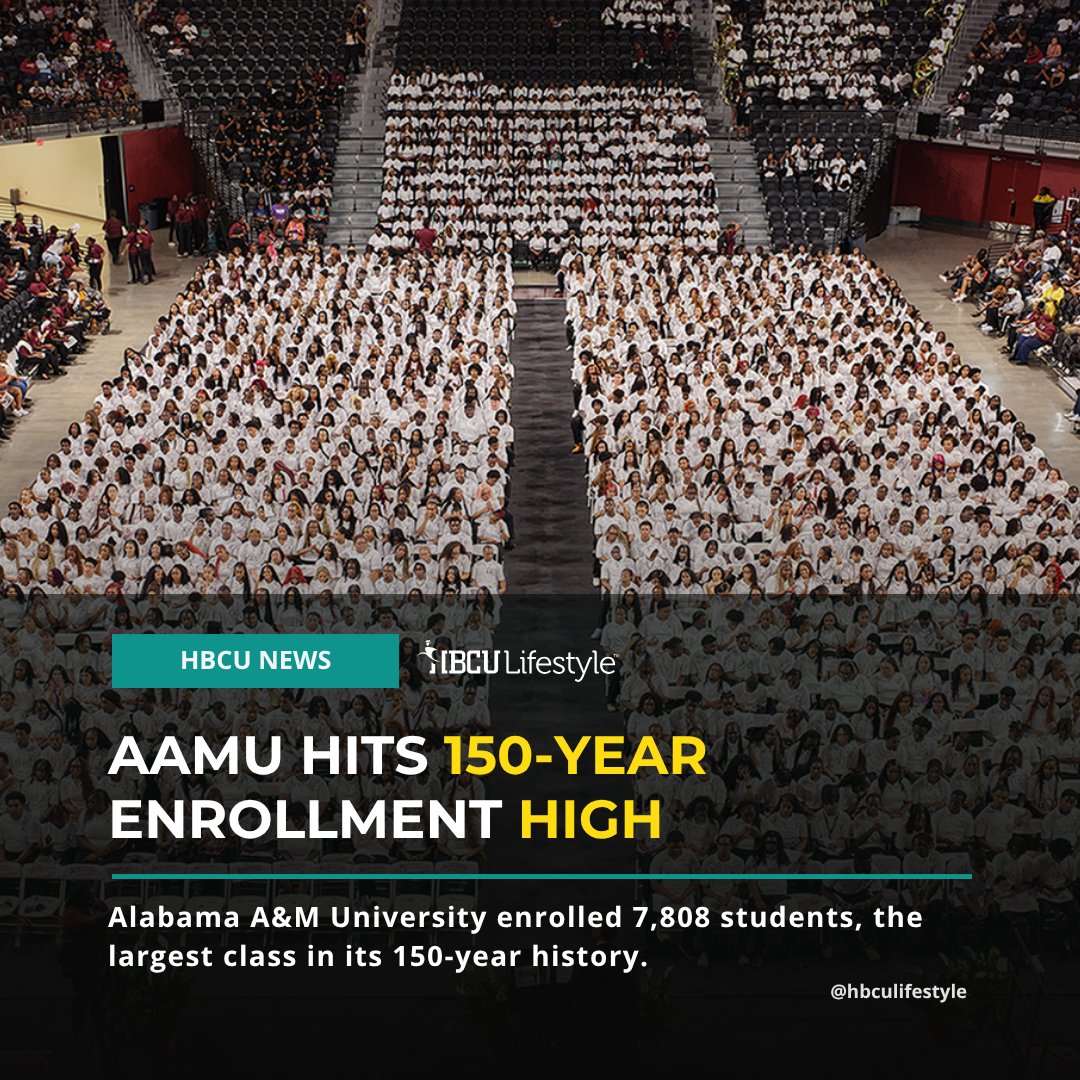 HBCU_Lifestyle's tweet photo. Alabama A&amp;M just hit a new record. 📈

7,808 students this fall: the largest enrollment in its 150-year history, 3rd straight year of growth.

The Hill keeps growing. 💪🏾

#HBCULifestyle #AlabamaAM https://t.co/BiZAjLTwGB