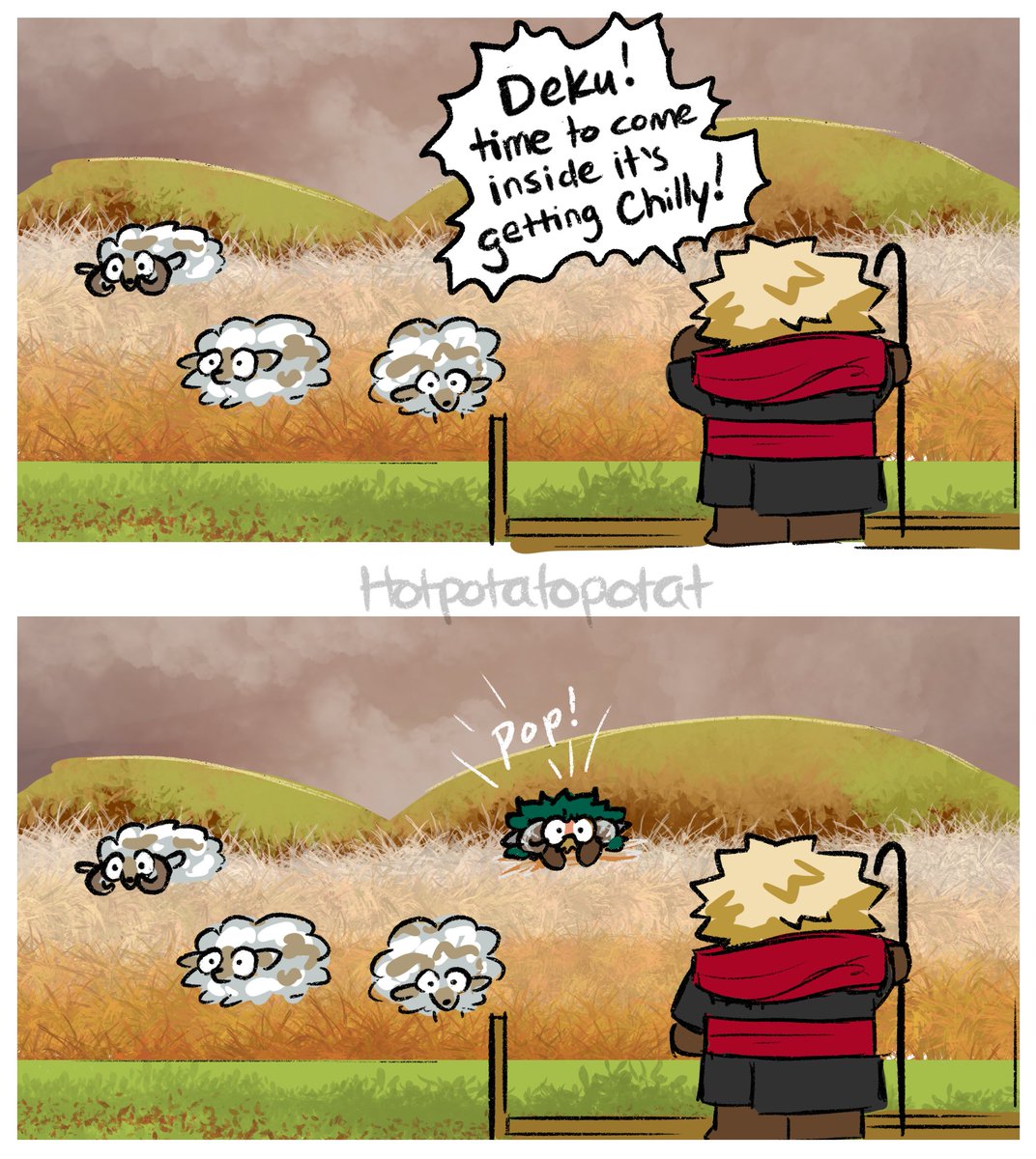 HotPotatoPotat's tweet photo. The weather is changing, so it's the perfect time for Bakugou to call his Ram Deku and make sure he's cozy for the night! https://t.co/qnWuN6wXlc