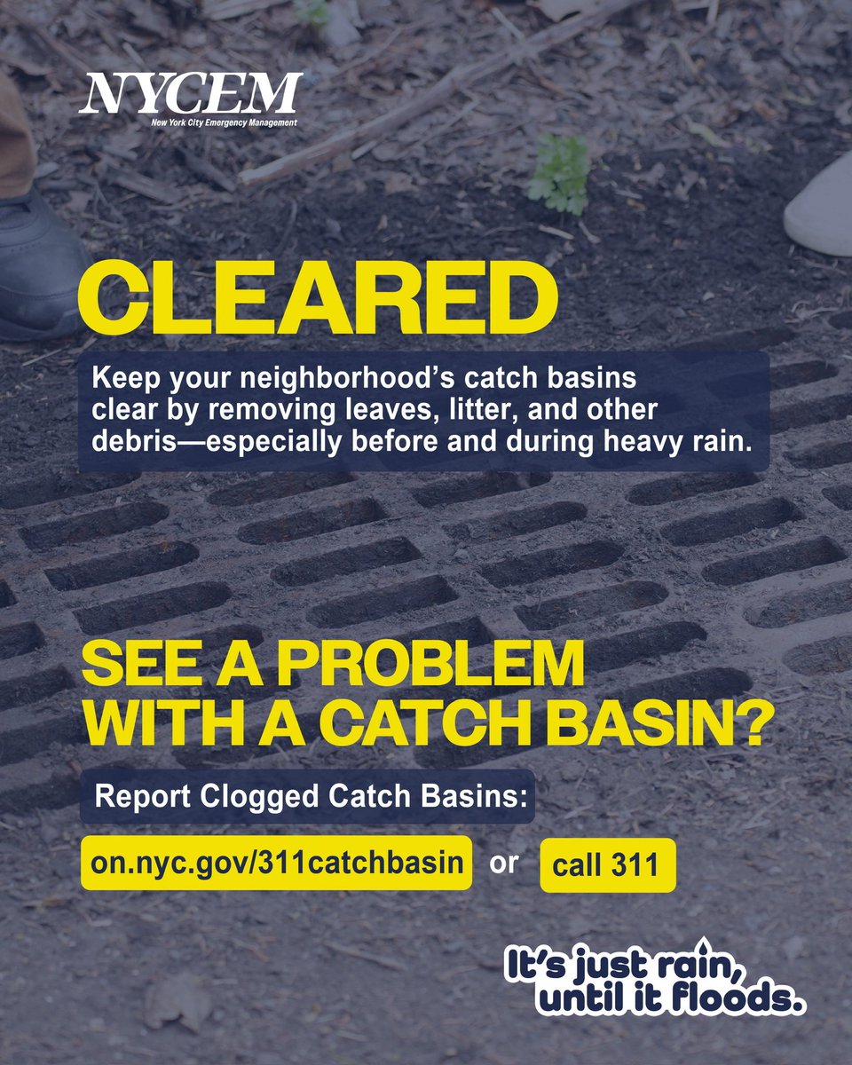 nycemergencymgt's tweet photo. With a nor’easter 💨🌊en route, now is the time to help keep your neighborhood’s catch basins clear and reduce the risk of flooding.
 
SWIPE TO LEARN HOW TO CLEAR YOUR CATCH BASIN! 🌧️

Catch basins, commonly known as storm drains or sewer grates, are located along street and highway curbs. They collect stormwater and help prevent flooding. Before and during heavy rain, clear leaves, litter, and other debris from nearby catch basins.
 
See a problem with a catch basin?
https://t.co/utHMexsbis 311, or
2.Visit https://t.co/fubBaDHusO to report it.