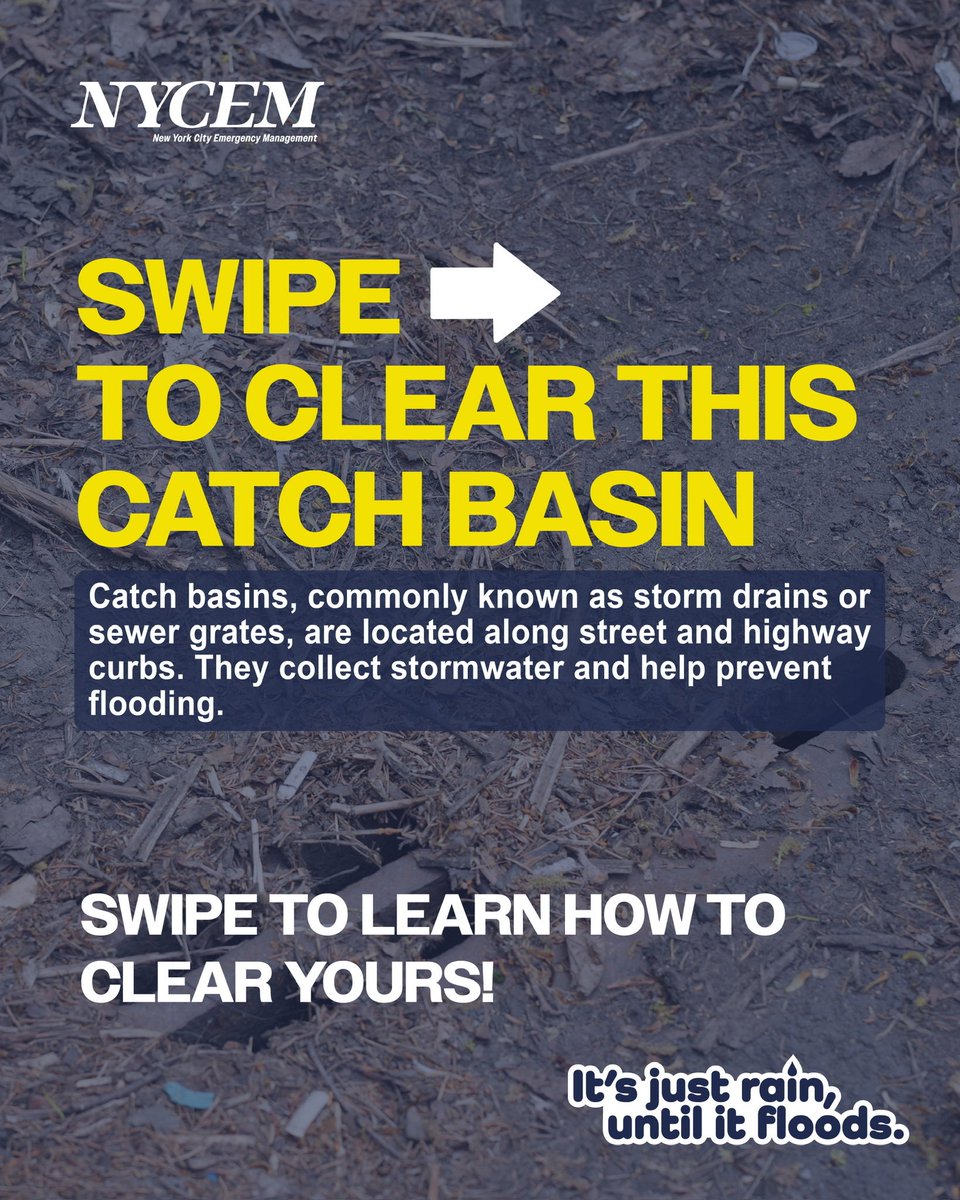nycemergencymgt's tweet photo. With a nor’easter 💨🌊en route, now is the time to help keep your neighborhood’s catch basins clear and reduce the risk of flooding.
 
SWIPE TO LEARN HOW TO CLEAR YOUR CATCH BASIN! 🌧️

Catch basins, commonly known as storm drains or sewer grates, are located along street and highway curbs. They collect stormwater and help prevent flooding. Before and during heavy rain, clear leaves, litter, and other debris from nearby catch basins.
 
See a problem with a catch basin?
https://t.co/utHMexsbis 311, or
2.Visit https://t.co/fubBaDHusO to report it.