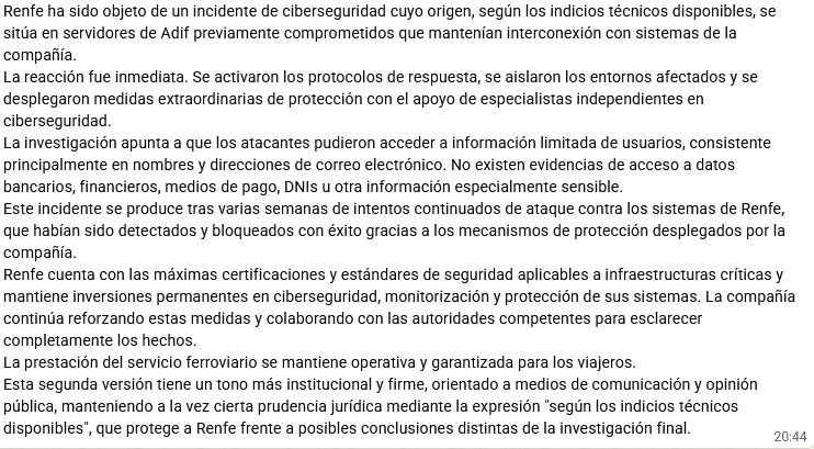 pereboschg's tweet photo. El Ministeri de Transports envia una nota als mitjans sobre el ciberatac als webs de Renfe i Adif... fet amb IA.

Llegiu l'últim paràgraf. https://t.co/7yFeQ6A2A0