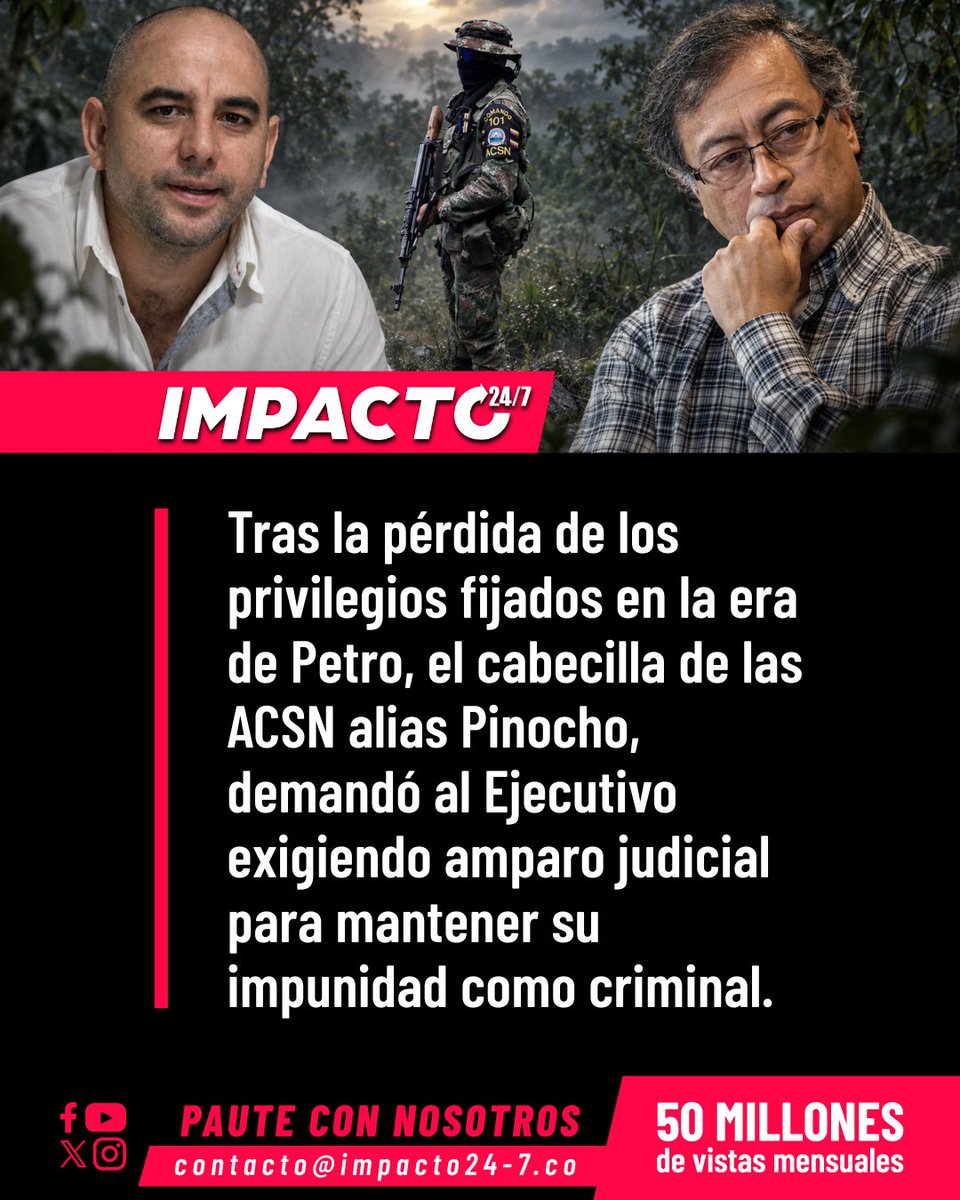 Impacto24_7's tweet photo. 🚨🇨🇴 EL PAÍS SALIÓ A DEBERLE A ALIAS PINOCHO | Fredy Castillo Carrillo, alias Pinocho, cabecilla criminal de las Autodefensas Conquistadoras de la Sierra Nevada, radicó una insólita tutela exigiendo mantener las garantías otorgadas bajo la nefasta "Paz Total" del narcogobierno Petro. La acción legal busca revocar las resoluciones 348 y 349 de 2026 que le quitaron el blindaje judicial. El expediente pasa a juzgados administrativos en Bogotá, desnudando los descarados recursos que dejó el pasado desgobierno de izquierda a los criminales.
