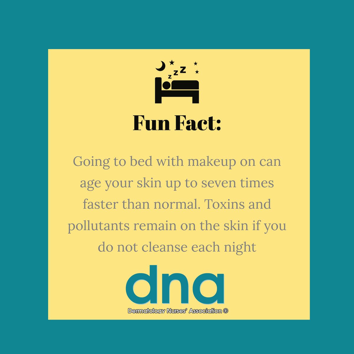 DNAnurses's tweet photo. Fun Fact Friday!

Did you know? Going to bed with makeup on can make your skin age up to SEVEN times faster than normal! Toxins and pollutants from the day can linger on your skin if you don't cleanse before hitting the hay.

#DNA #FunFactFriday #SkincareTips #Dermatology https://t.co/pj7GYQ7woD